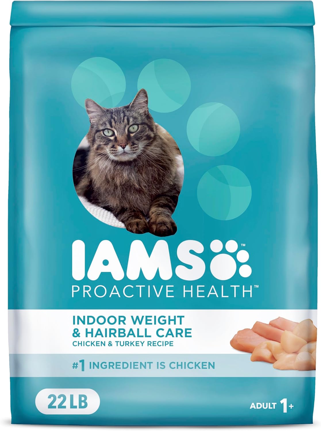 IAMS Proactive Health Indoor Weight Control & Hairball Care Adult Dry Cat Food, Chicken & Turkey Recipe, 22 lb. Bag
