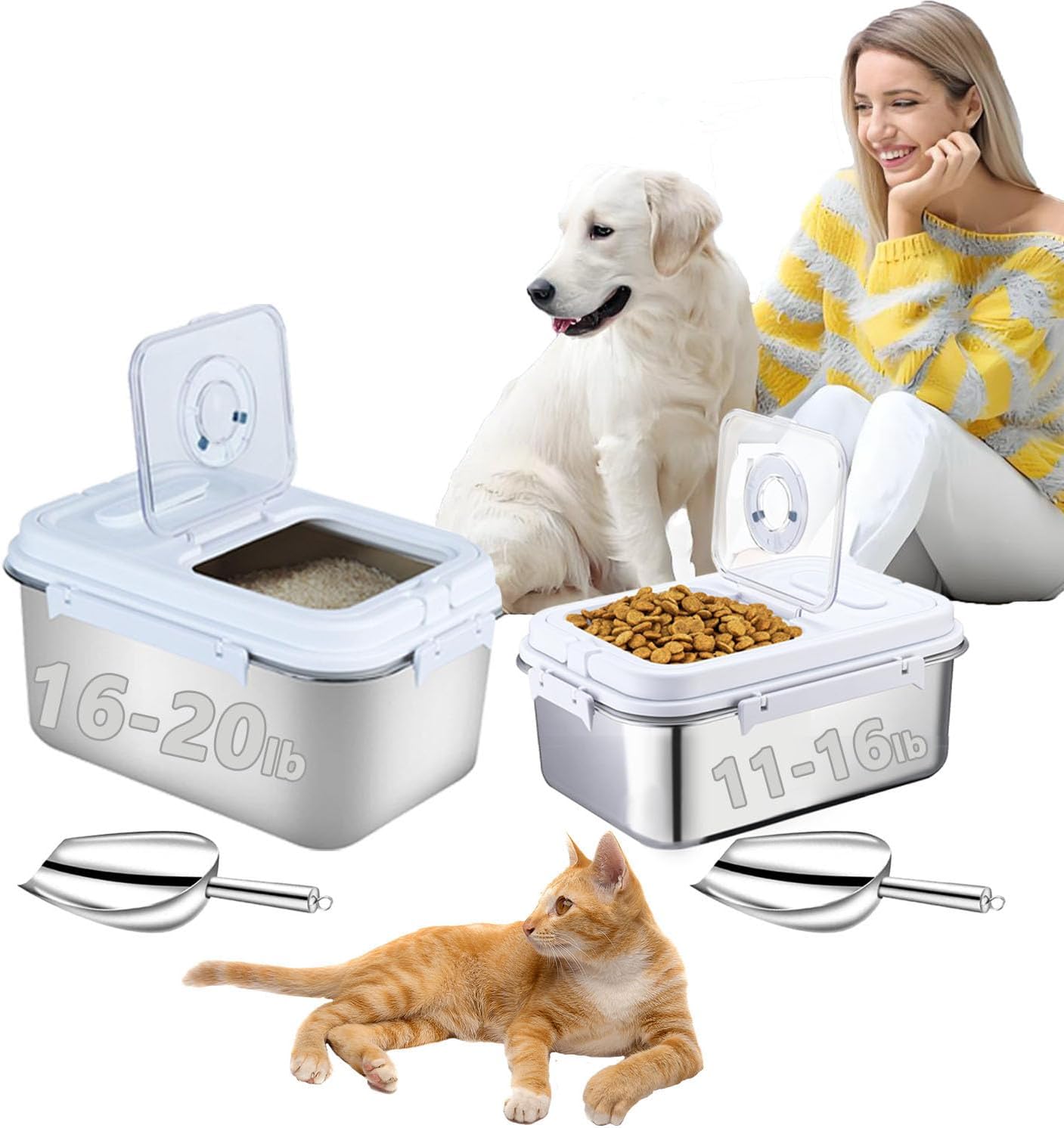 Sanbo Pet Food Storage Container 10L & 7.5L | Stainless Steel Airtight Bin with Scoop & Time Dial | Dog/Cat Food Keeper 2-Pack Sliver