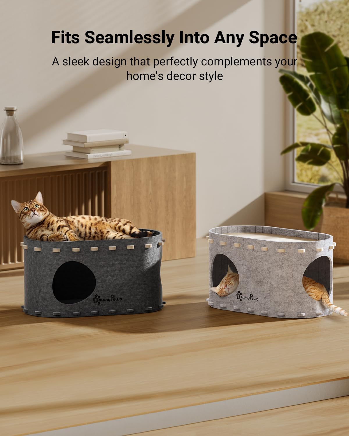 DownyPaws Cat House for Indoor Cats, Cat Bed Cave for Multiple & Large Cats Up to 22 Lbs, Scratch Resistant Peekaboo Cat Caves, Foldable Tunnel Enclosed Bed, PeekaPurr, Sesame Gray