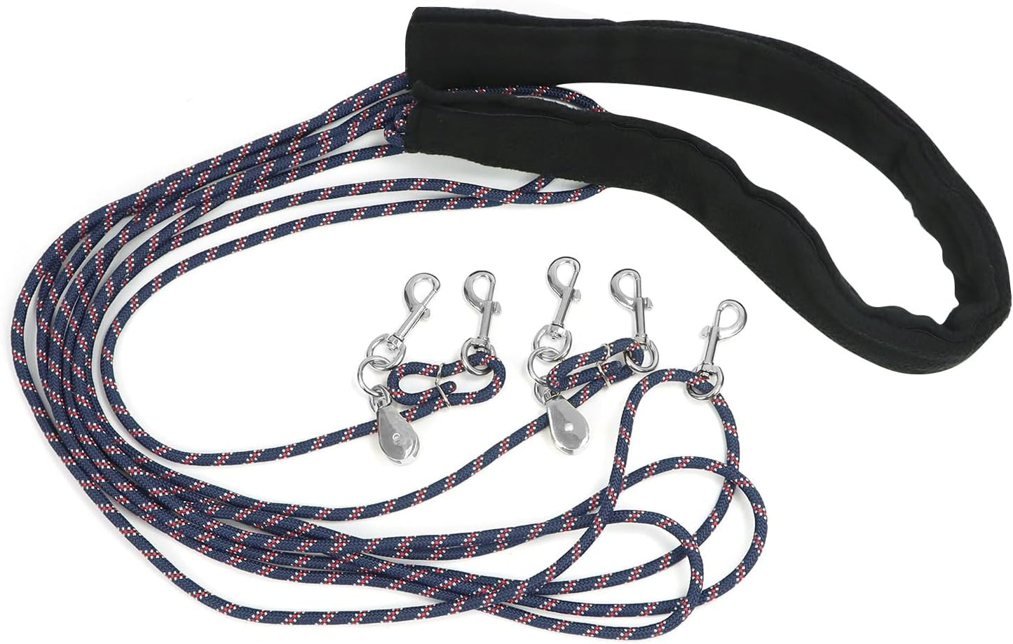 QWORK Adjustable Horse Training and Lunging Aid with Rear Fleece Cover, Navy/Red, Encourages Proper Head Carriage and Comfortable Stretching, Durable Braided Nylon Rope with Metal Clips,