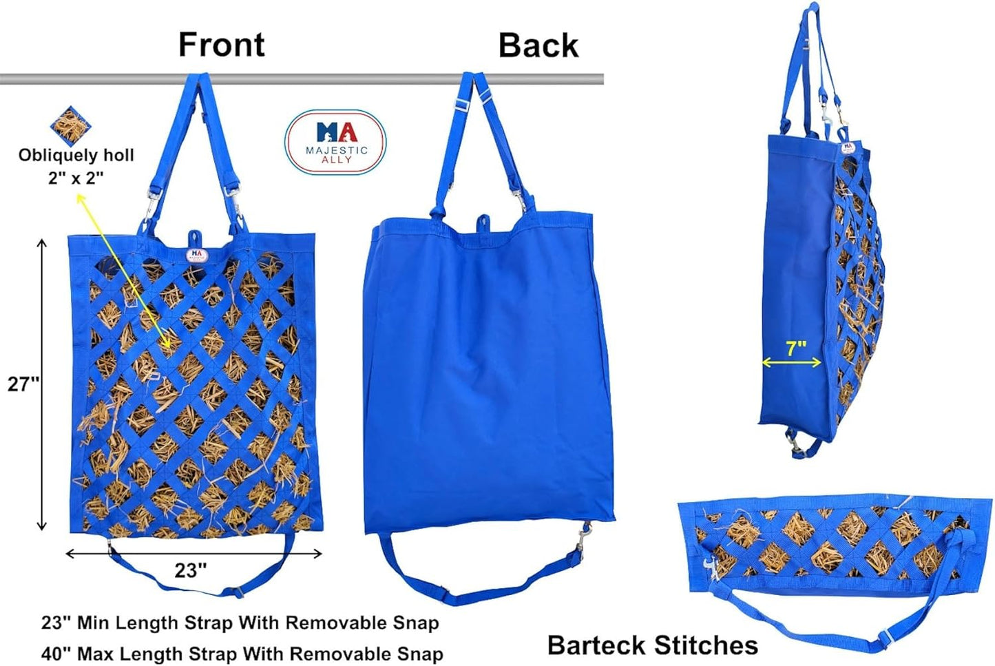 Majestic Ally Premium Nylon Hay Bag for Horses and Livestock, Simulates Grazing, Slow Feeding, Heavy-Duty PP Webbing,Quick-Adjust Straps, Small Hole for Digestion, Multiple Colors (Turquoise)