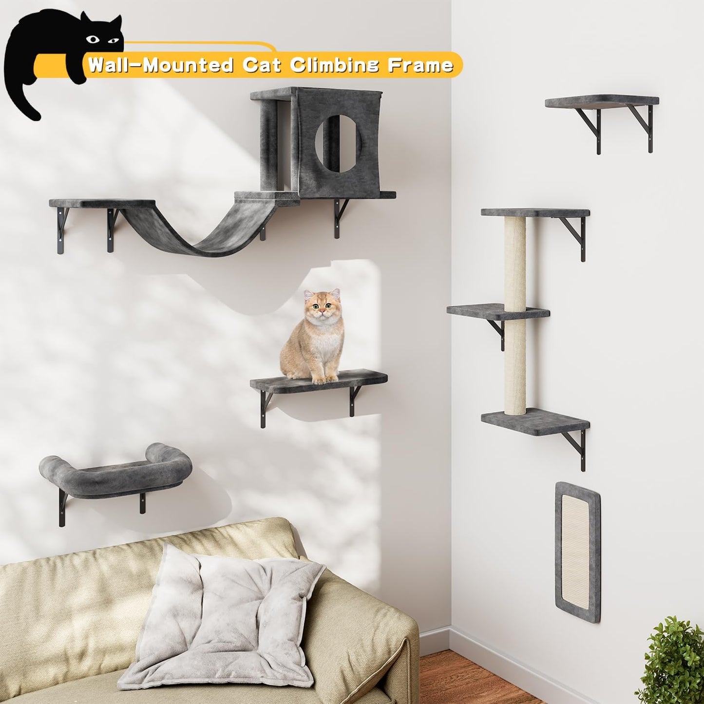 NUNU LAB Cat Wall Shelves, 6 Pcs Luxury Wall-Mounted Cat Climber Set, Indoor Cat Furniture with 1 Condos House, 2 Cat Wall Shelves, 1 Scratching, 1 Bridge Ladder, 1 Scratching Pad, Dark Gray