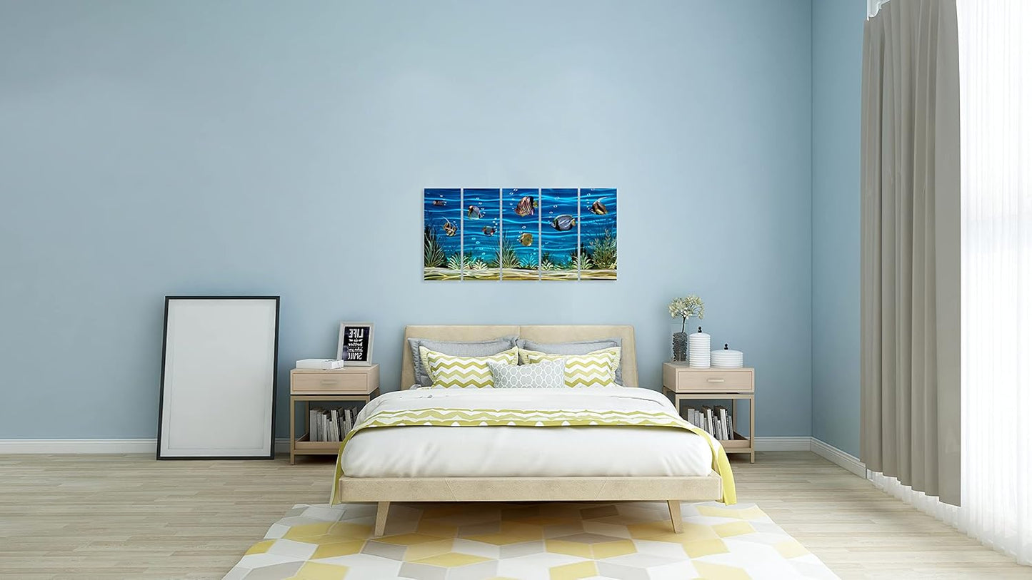 SYGALLERIER School Of Fish Metal Wall Art Handcrafted 3D Coastal Aluminum Artwork Modern Abstract Sea Styles Wall Accent in Blue Green Silver Color for Living Room Bedroom Bathroom Decor