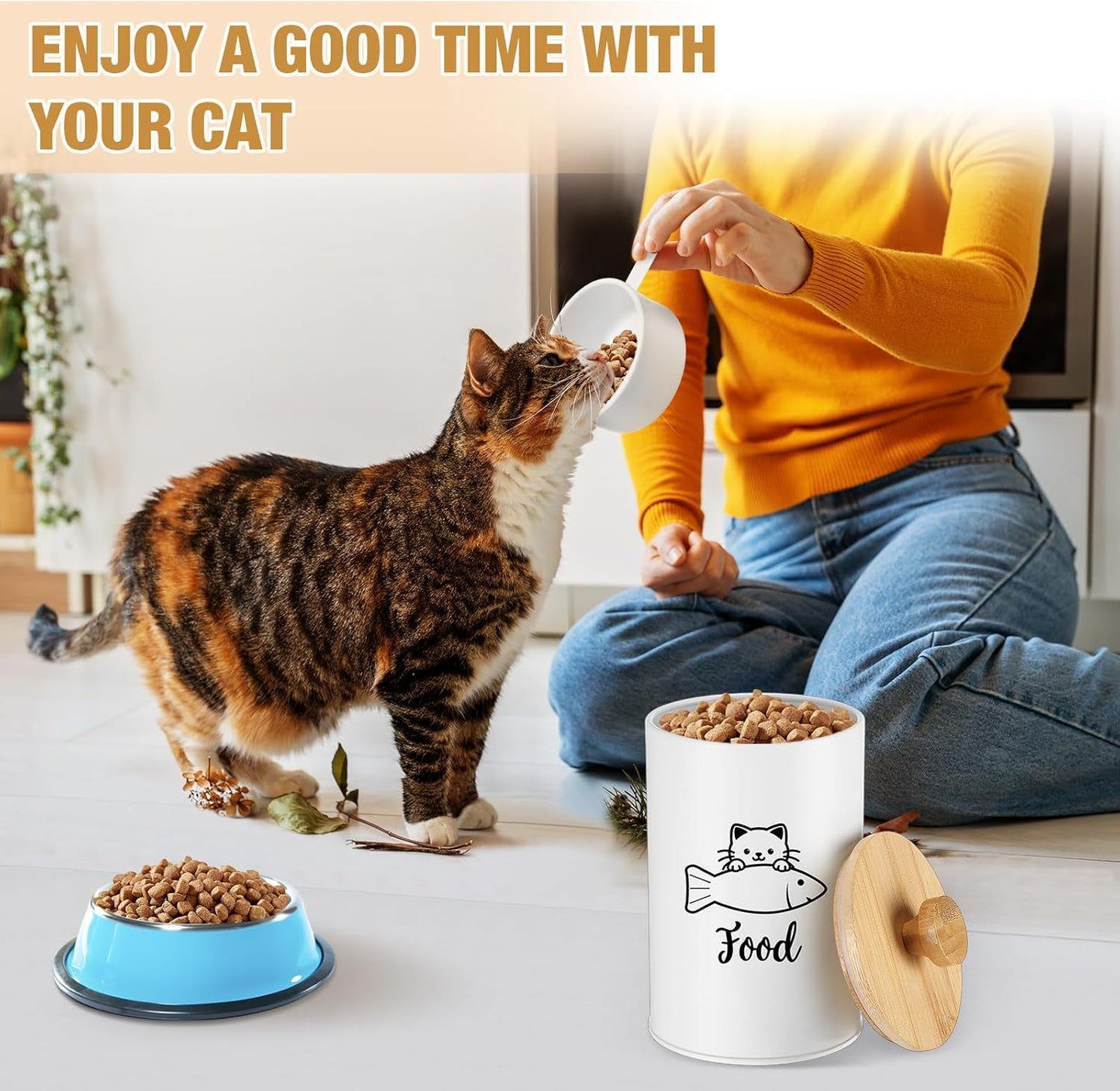 Metal Airtight Cat Treat Container Set of 3 with Bamboo Lids and Spoon Cat Food Storage Container with DIY Labels Pen Pet Cookie Snack Food Storage Organizer Jars for Kitchen Counter(White)