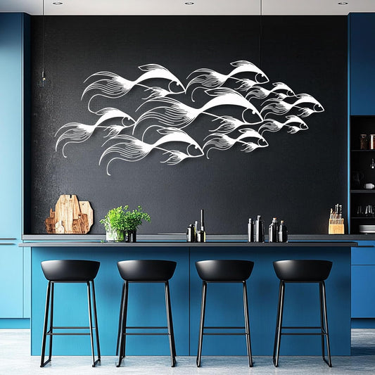 School of Fish Metal Wall Art, Metal Fish Wall Decor, Sea Life Wall Art, Large Nautical Wall Hanging, Modern Beach House Wall Decor, Ocean Themed Artwork for Bathroom (White, 48"x20" | 121x51cm)