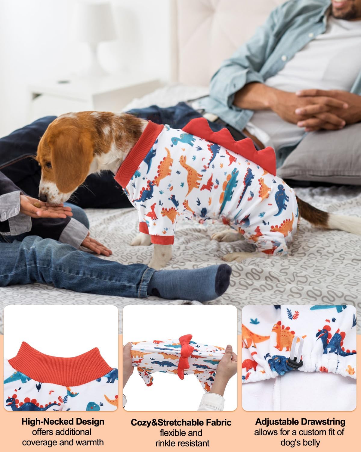 CuteBone Dinosaur Costume Dog Pajamas, Stretchy Spandex Crystal Velvet Sleepwear Coat for Small Dogs, Soft & Warm Pet Outfit Clothes for Cold Weather, Cozy Pullover Design COSP02M