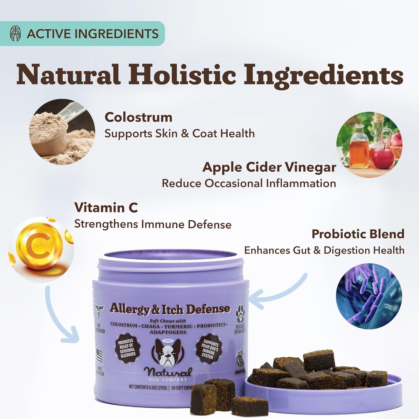 Natural Dog Company Allergy & Itch Defense Chews – Allergy Support for Dogs, Itch Relief, Skin, Coat & Gut Health with Probiotics, Colostrum & Salmon Oil, Grain-Free Dog Supplement, 90 ct