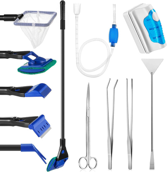 Aquarium Fish Tank Cleaning Tool Kit Include 4 Pcs Long Aquascape Tools Kit 1 Pcs Magnetic Glass Cleaner Brush 5 in 1 Fish Tank Gravel Cleaner and Siphon Vacuum for Terrarium Fish Tank Set