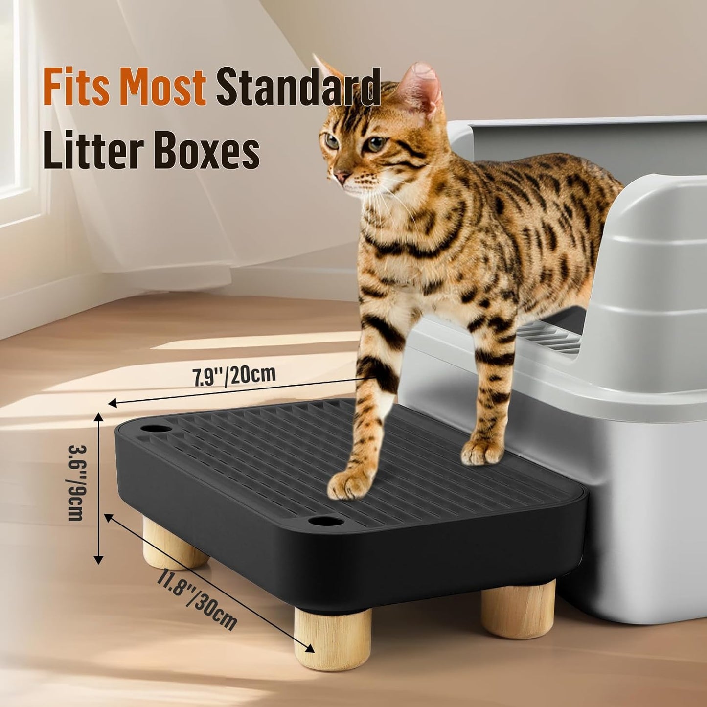 Cat Litter Box Step Ramp, Cat Litter Catcher Mat with Wooden Feet, Filter Function, Cat Pedal Stool for Self-Cleaning Cat Litter Box, Ideal for Kitten & Elderly Cats (Black)