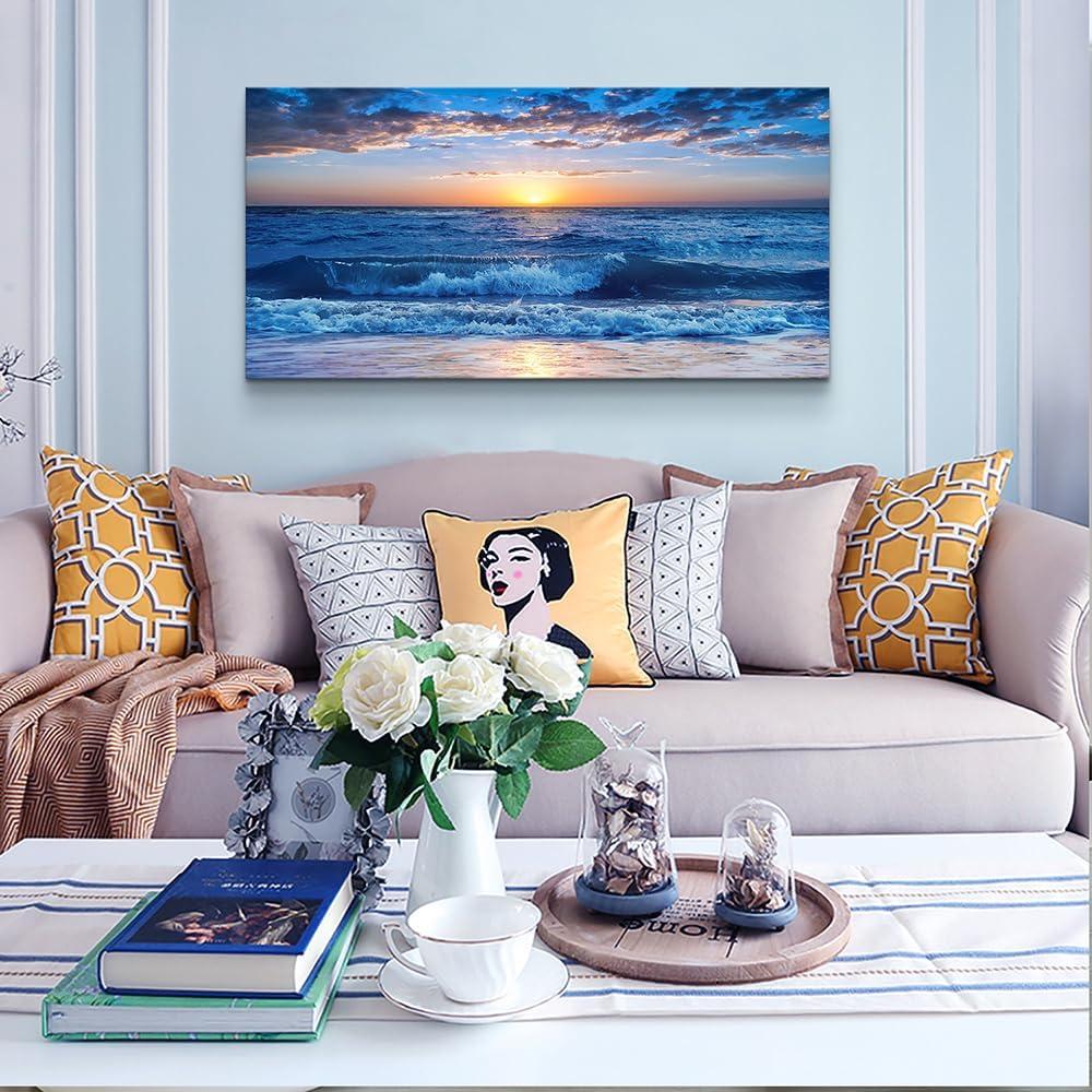 Lapremoly Large Wall Art For Living Room Canvas Wall Decor For Office Bedroom Wall Decorations Blue Ocean Beach Wall Painting Sunny Sea View Wave Wall Pictures Artwork Hotel Home Decor 30" X 60"