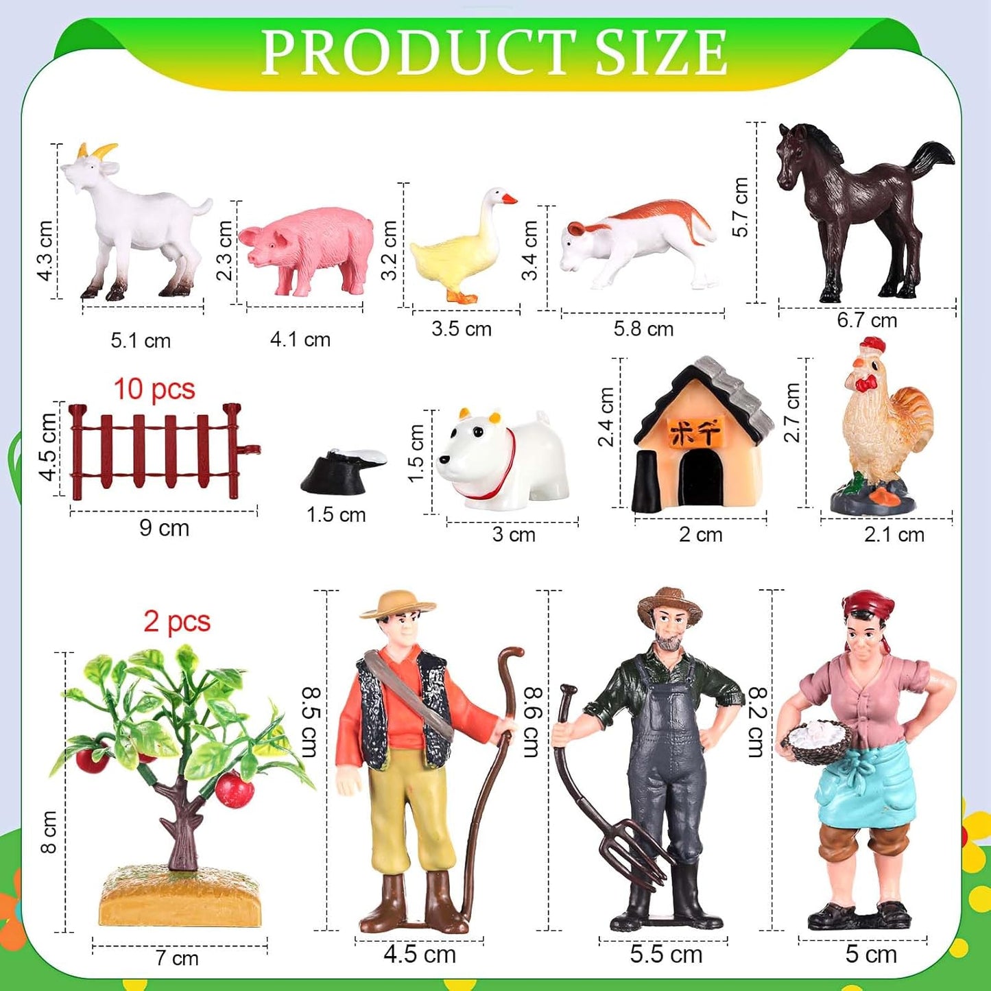 27 Pcs Farm Toys Set, 3 Little Farmer Figurines 9 Plastic Animals Figurines 10 Feed Food Fence Playset 4 Model Trees 1 Moss Mat Animal Farm Toys for Educational School Project Gift