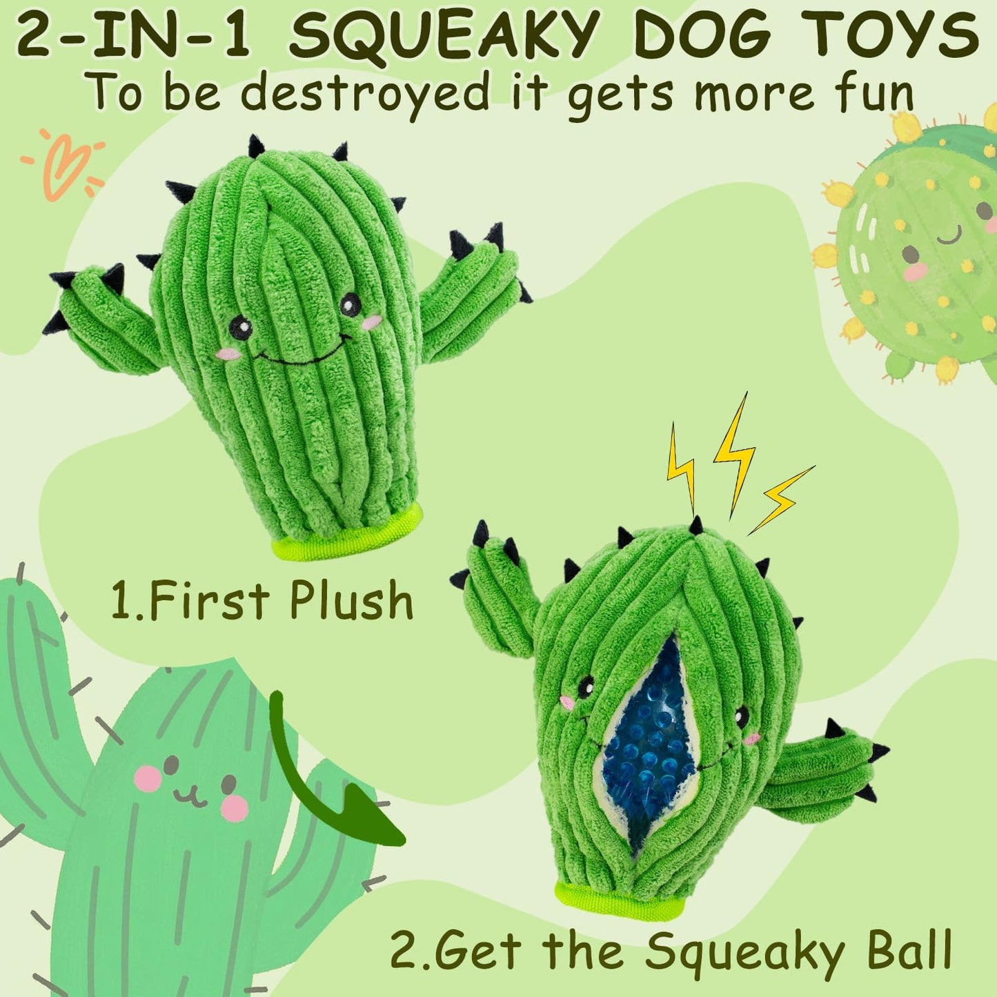 No Stuffing 3 Pack Squeaky Dog Toys- 2 in 1 Interactive Plush Dog Toy- Cactus Shaped Rip and Reveal Toy for Puppies-Indoor & Outdoor Play Training & Toss & Play