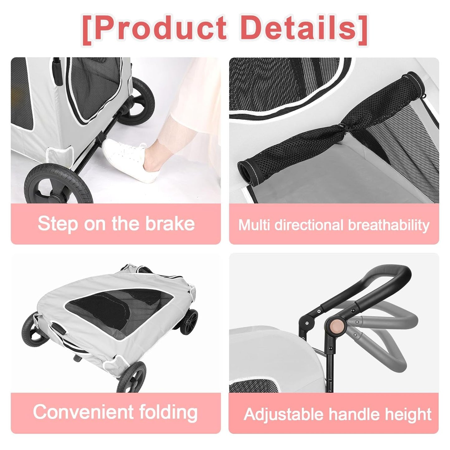 Large Dog Travel Stroller with 4 Heavy Duty Wheels Pet Stroller with Adjustable Handle - Double Doggie Capacity Jogger Wagon with Back Front Door for Small Medium Large Dogs (Grey)