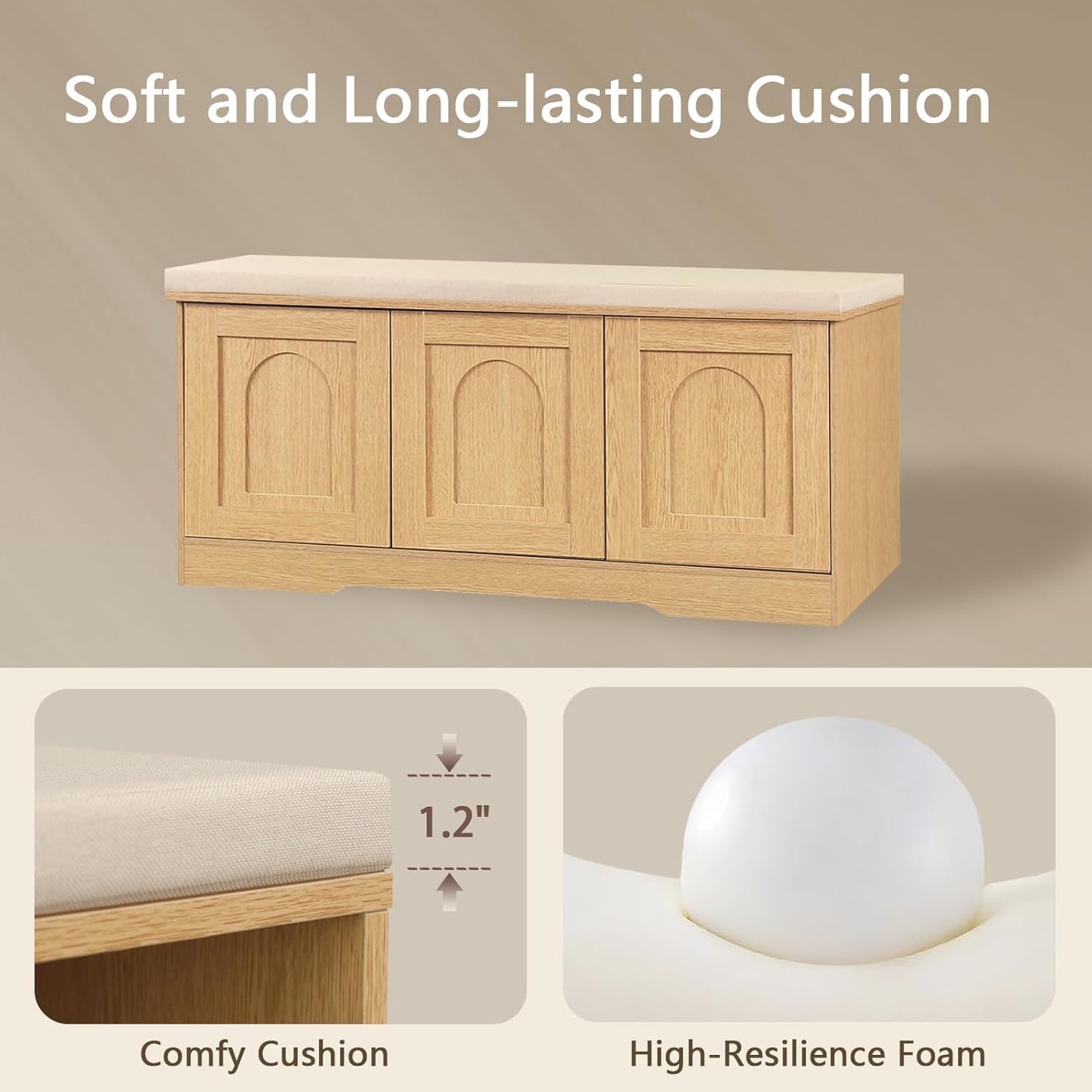 DINZI LVJ Shoe Bench, Entryway Storage Bench with Doors, Cushion, 2-Tier Shoe Rack with 6-Cubby, 39.4”L x 13.8”W Shoe Organizer Cabinet, Adjustable Shelf, Living Room, Bedroom, Natural