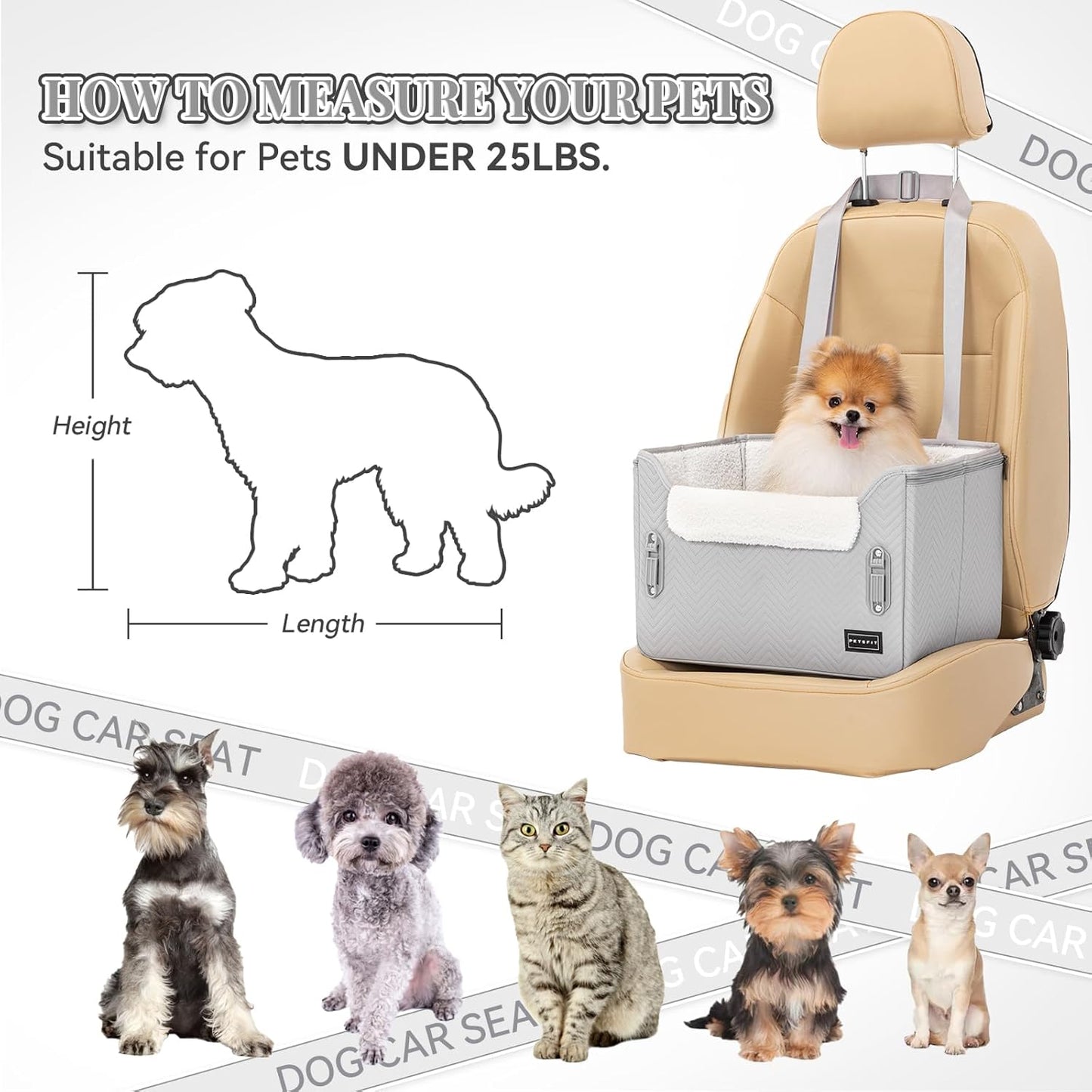 PETSFIT Dog Booster Car Seat, Waterproof PU Leather Dog Car Seats for Small Dogs with Patent Safe Buckles, Clip-On Leash, Pet Car Seat for Small Pets Up to 25lbs (Cool Grey)