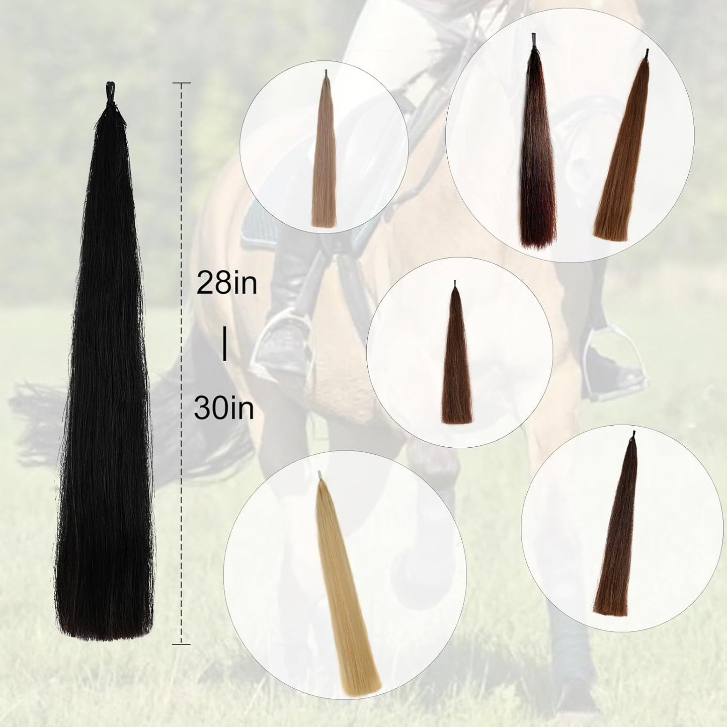 Horse Tail Extensions with Natural Loop Top, Blunt Cut Bottom, 3/8 LB 28-30 Inches Long （Jet Black）