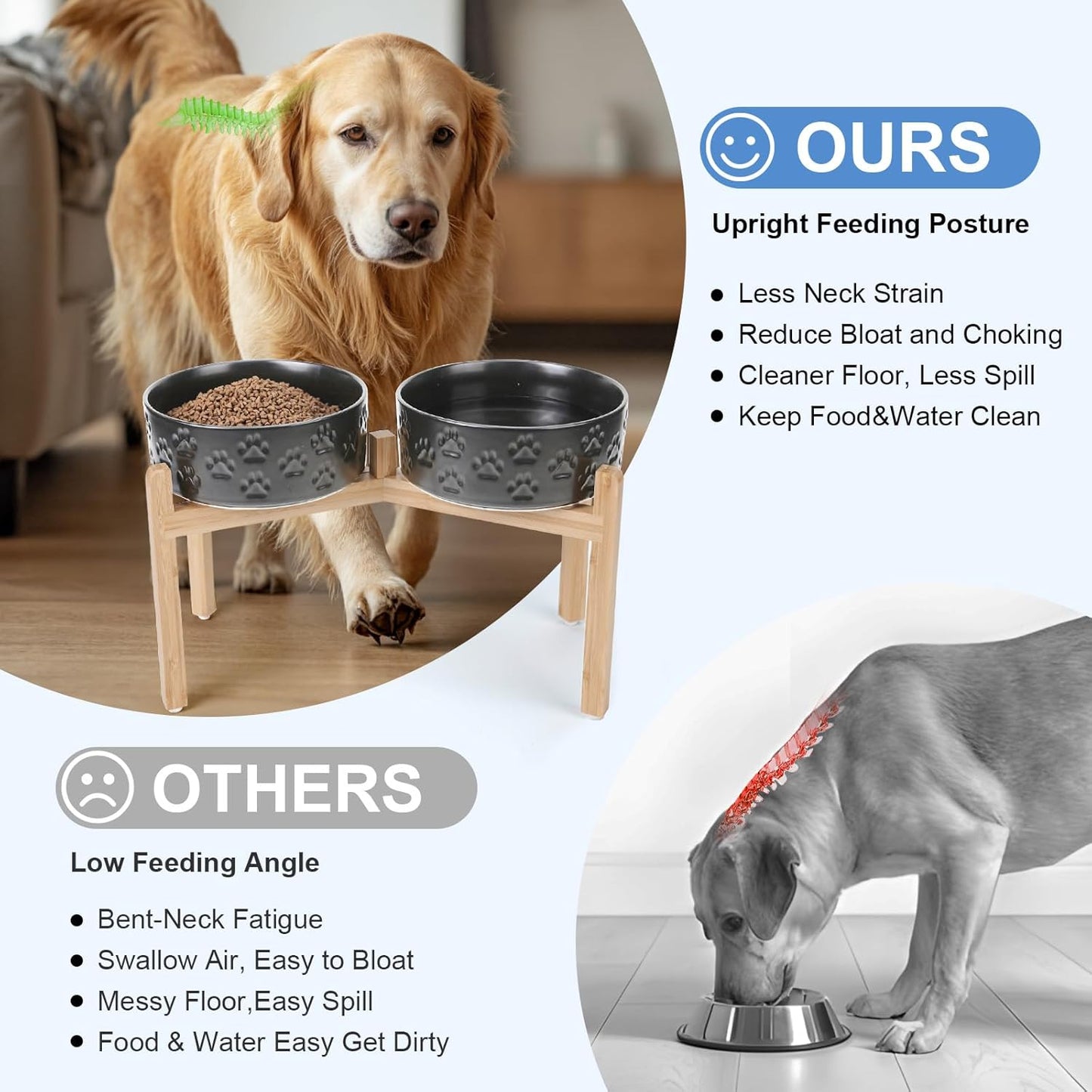 SPUNKYJUNKY Elevated Dog Bowls Ceramic, 8.3'' Dogs Food Water Bowls Raised with Non-Slip Bamboo Stand for Large Sized Breed Microwave Dishwasher Safe - 60 OZ,Paw Black