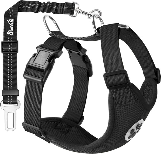 SlowTon Dog Seat Belt Harness for Car, Dog Car Harness Adjustable Mesh Breathable & Dog Seatbelt Safety Tether with Elastic Bungee for Small Medium Large Pets(Black, Single Clip, XS)