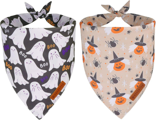 ADOGGYGO Halloween Dog Bandanas, Ghost Pumpkin Witch Scarf, Multi Size, Black Orange Halloween Bandanas for Small Dogs Pets (Small)