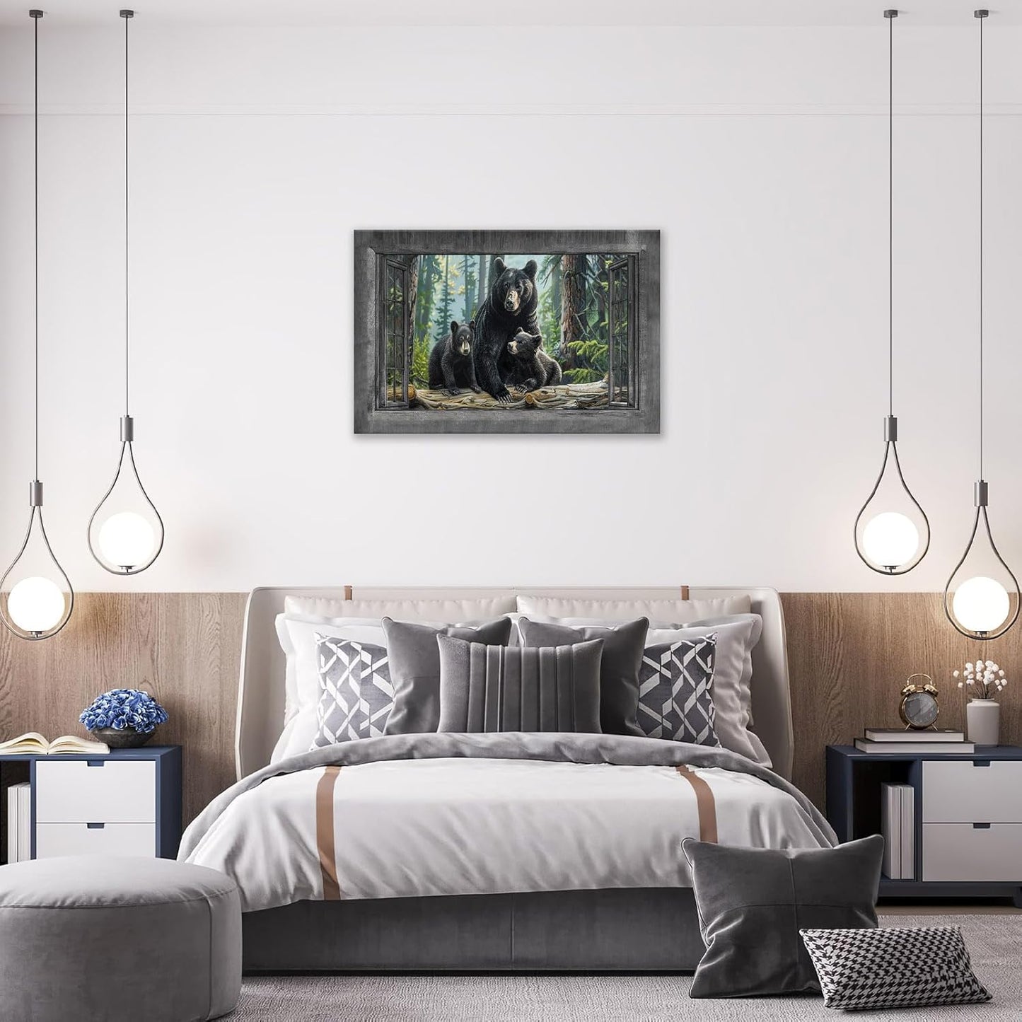 Black Bear Wall Art Forest Window Canvas Cabin Living Room Pictures Prints Animal Wall Decor Painting Artwork for Bedroom Dining Office Home 24"x16"