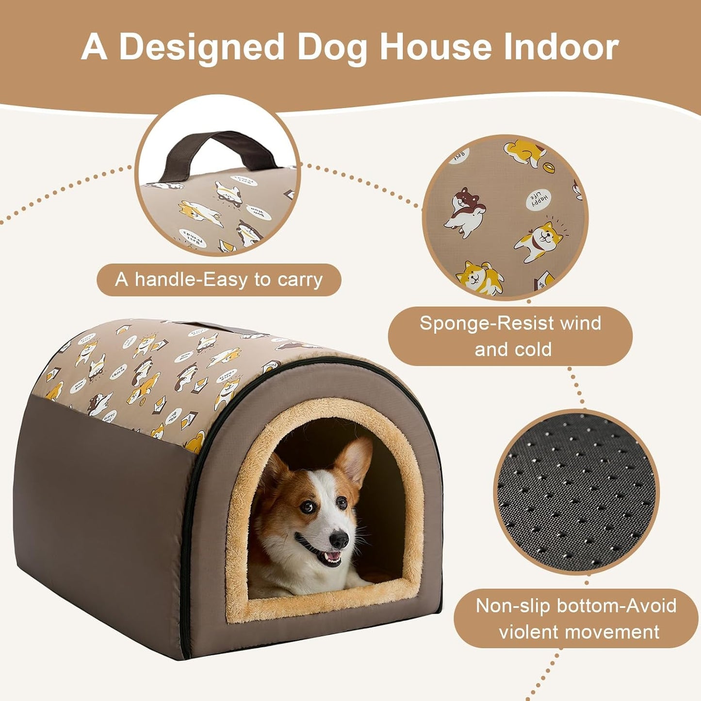 Jiupety Indoor Dog House, 2-in-1 Portable Foldable House Bed with Cover, Pet Tent & Cave Bed for Medium Dogs, XL(29"×21"×20"), Up to 44 Lb, Brown