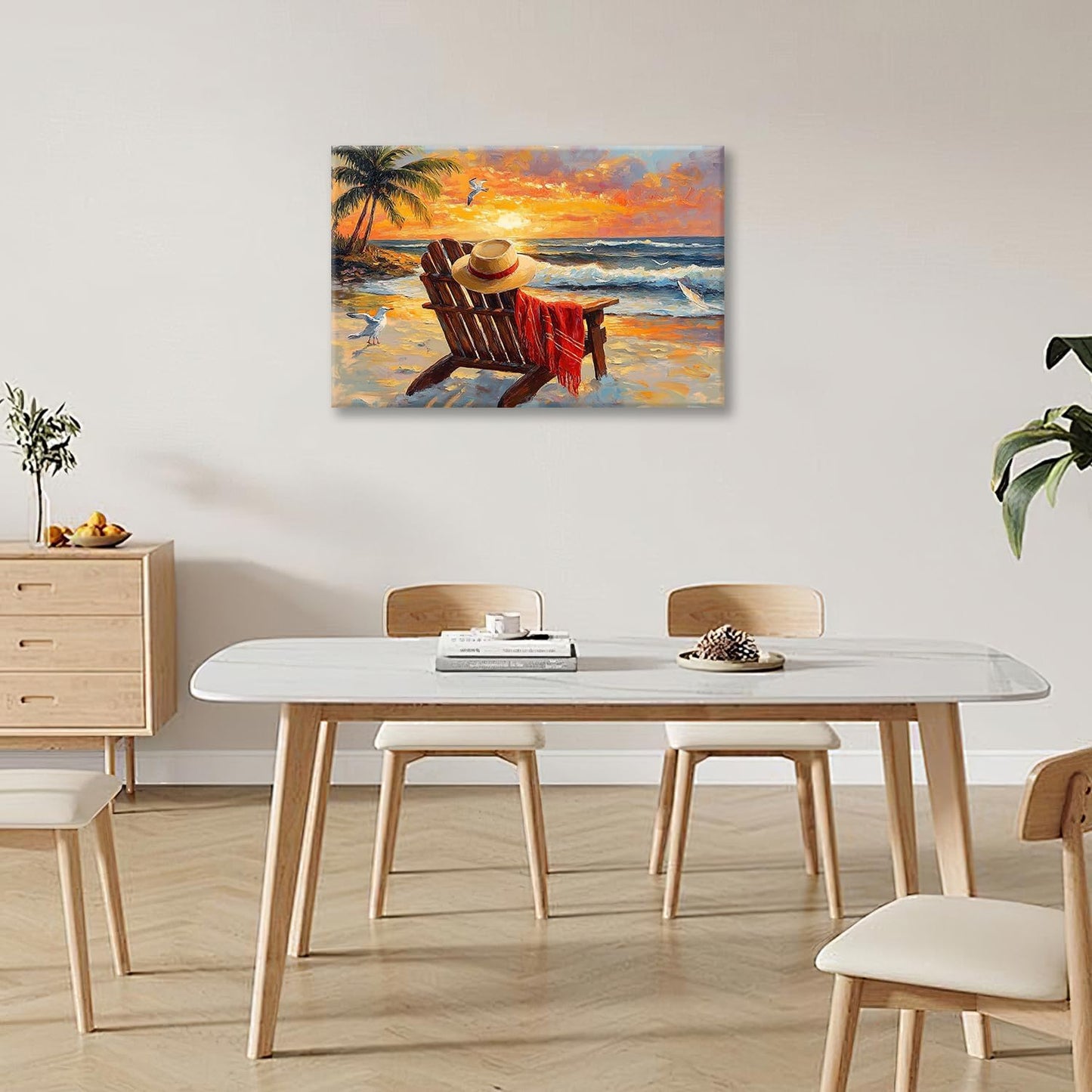 Beach Coastal Bathroom Pictures Wall Art, Seaside Ocean Bathroom Wall Decor, Sunrise Palm Framed Painting Canvas Artwork for Bedroom Living Room Decorations 24"L x 16"W