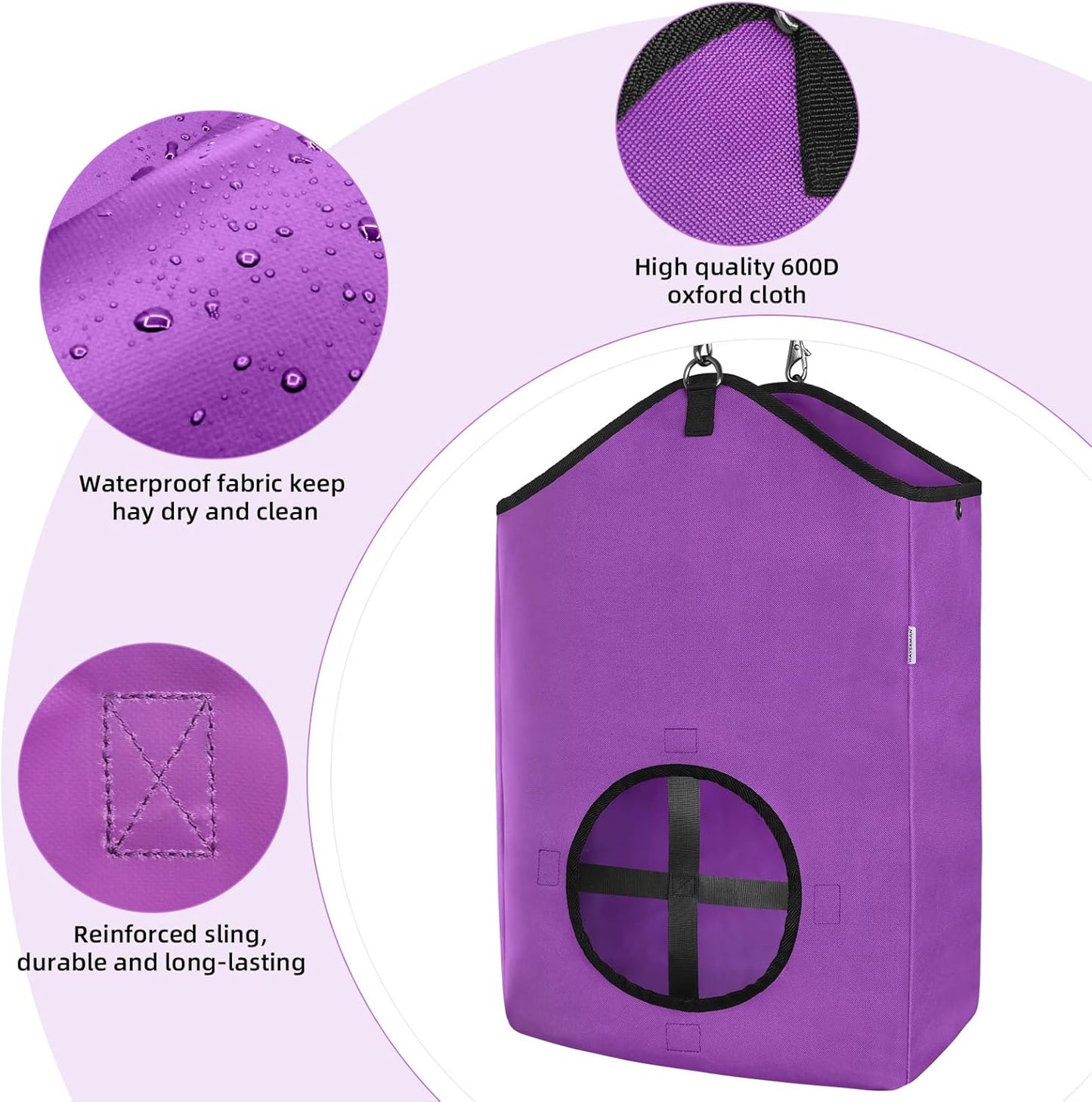 3 PCS Goat Hay Feeder,Hay Bags for Horses,Goats,Donkeys with Reinforced Oxford Fabric and High Strength Metal Clasp,Horse Feeding Supplies with Adjustable Strap for Easy Hanging(2Purple+1Orange)