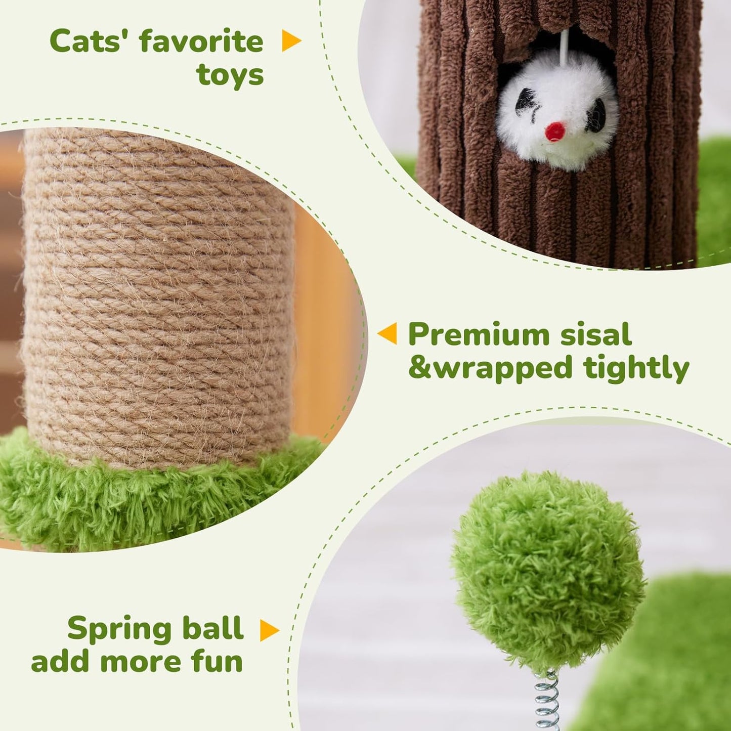 33" Tall Cat Scratching Post for Indoor Cats, Premium Sisal Scratch Posts with Cat Toys and Fun Mouse Holer for Cats at All Ages, Scratcher Tree with Reinforced Stable Base (Green)