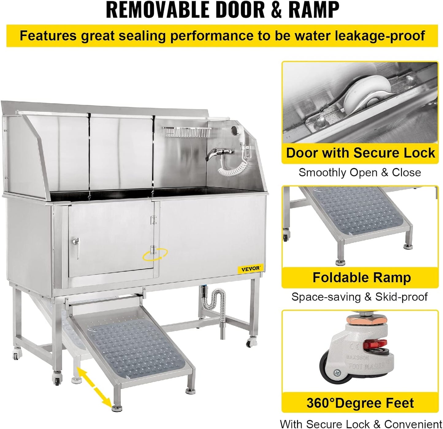 VEVOR Dog Grooming Tub, 62" L Pet Wash Station, 304 Stainless Steel Pet Grooming Tub Rated 661LBS Load Capacity, Non-Skid Dog Washing Station Comes with Ramp, Faucet, Sprayer and Drain Kit
