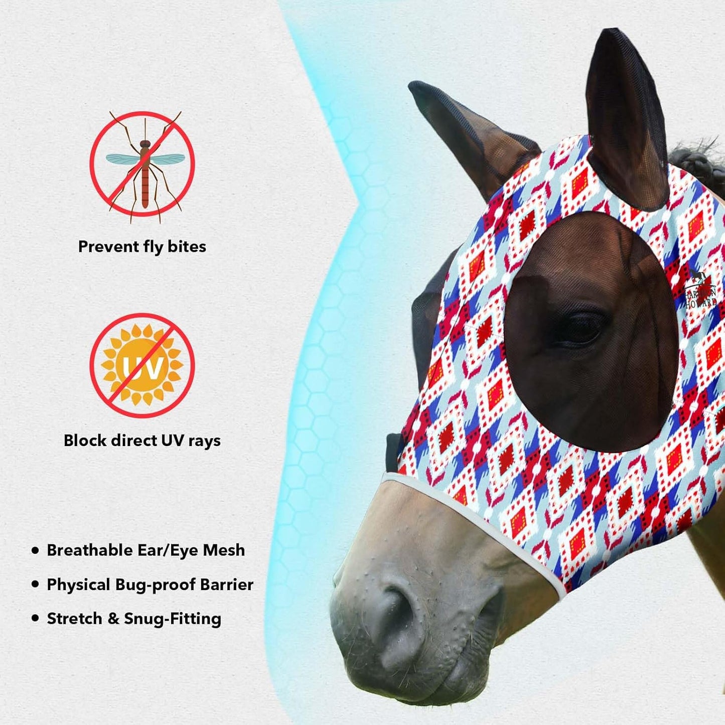 Harrison Howard Super Comfort Stretchy Fly Mask Large Eye Space with UV Protection Soft on Skin with Breathability Tribal Abstract XL Extra Full Size