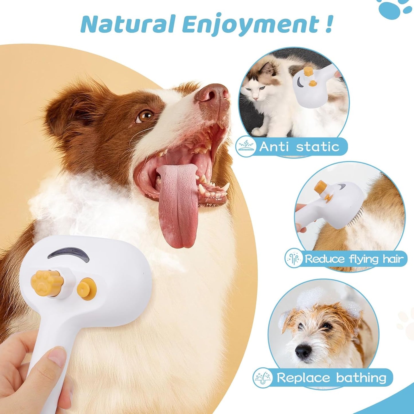 Pet Steam Brush for Dog & Cat – 3-in-1 Spray Hair Removal Comb for Shedding & Grooming Shedding Glove, Flea Comb, Couch Carpet Hair Removal Tool, Nail Toenail Clippers Nail File Shampoo-8PCS