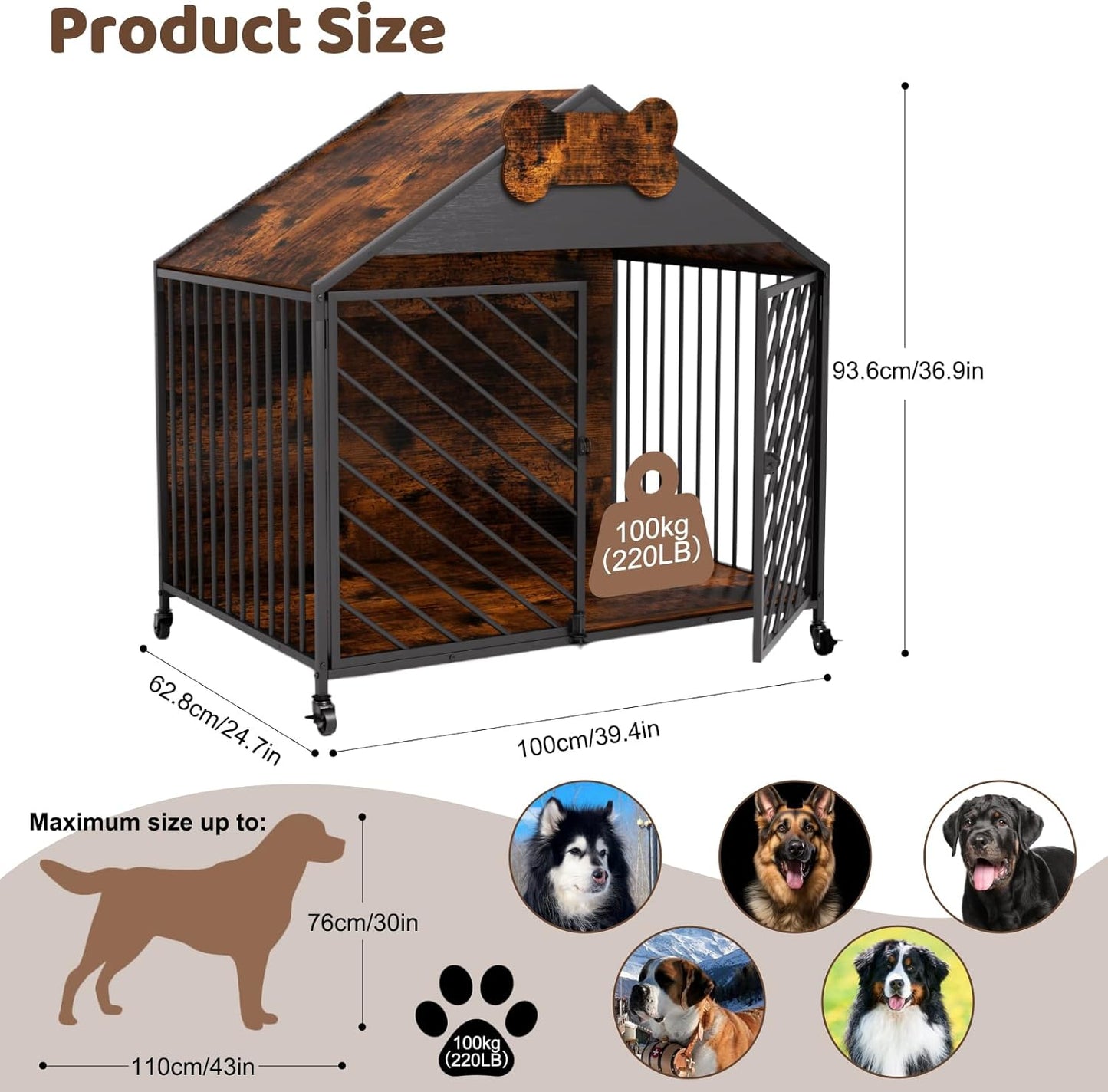 Heavy Duty Dog Crate Furniture for Large Breed - 39.4" Chew-Proof Kennel with Gable Roof, Double Door Escape-Proof Indoor Dog Cage, Rustic Brown