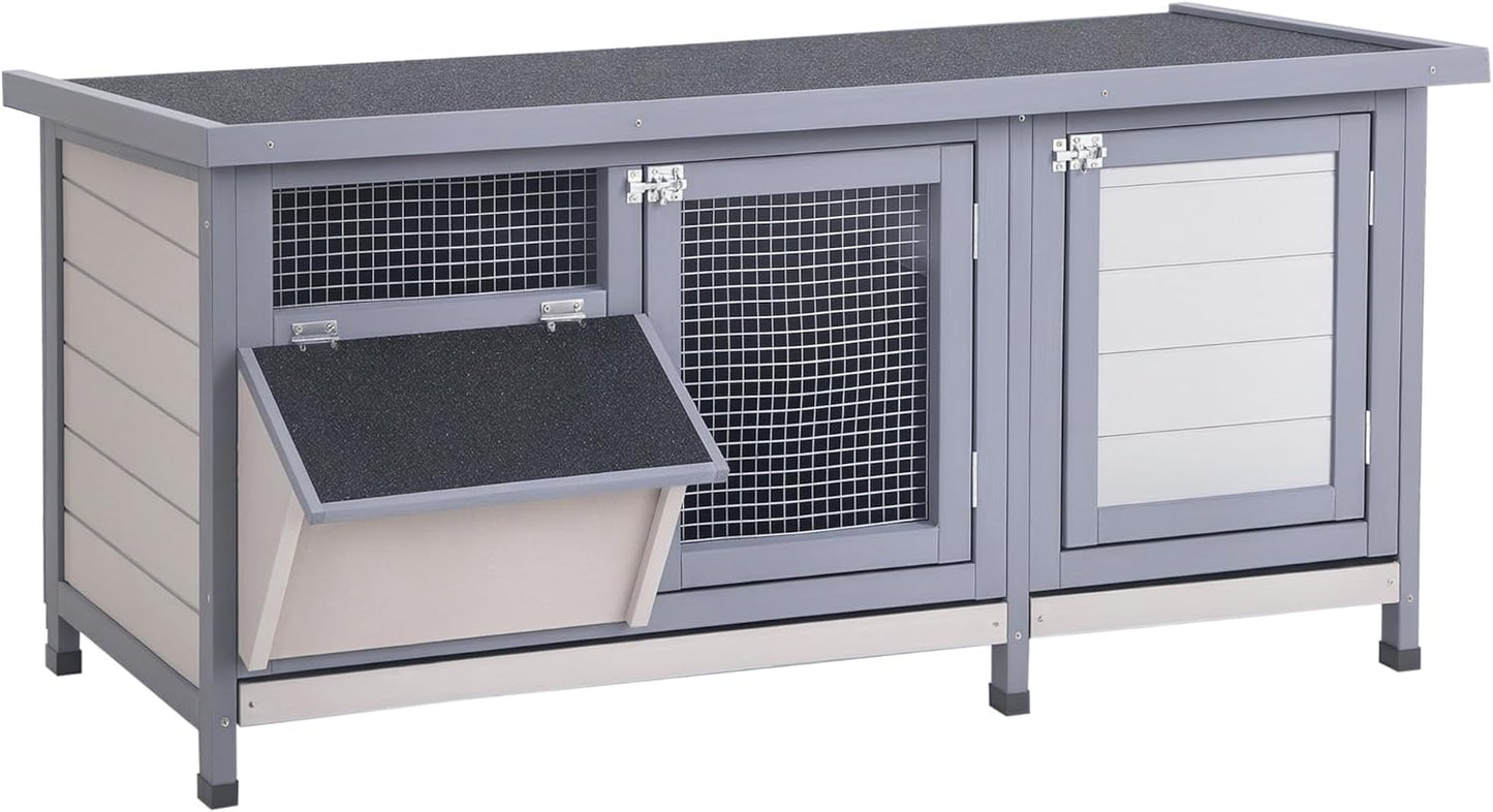 PawHut Wooden Rabbit Hutch Bunny Hutch Cage Guinea Pig with Waterproof Roof, No Leak Tray and Feeding Trough, Indoor/Outdoor, Gray