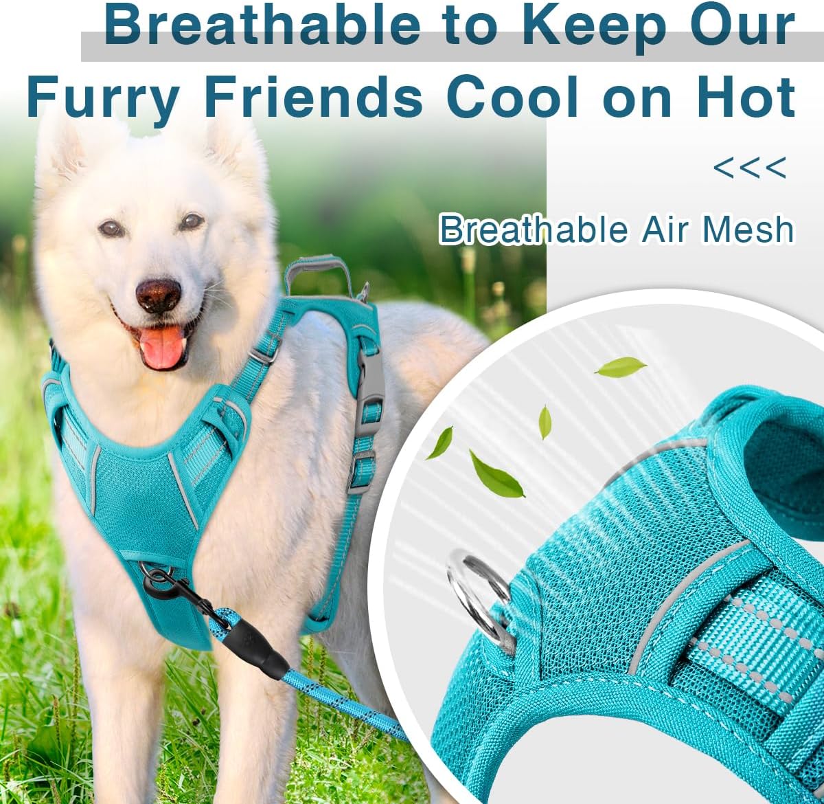 BARKBAY Dog Harness No Pull with ID Tag Pocket - Heavy Duty, Reflective, Easy Control for Large Dogs(Ocean Blue,M)