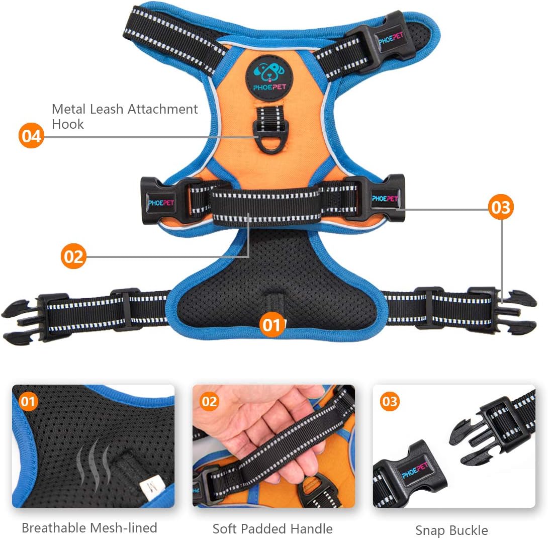 PHOEPET 2019 Reflective Dog Harness Large Breed Adjustable No Pull Vest with with Handle 2 Metal Rings 3 Buckles [Easy to Put on & Take Off](XL,Orange)