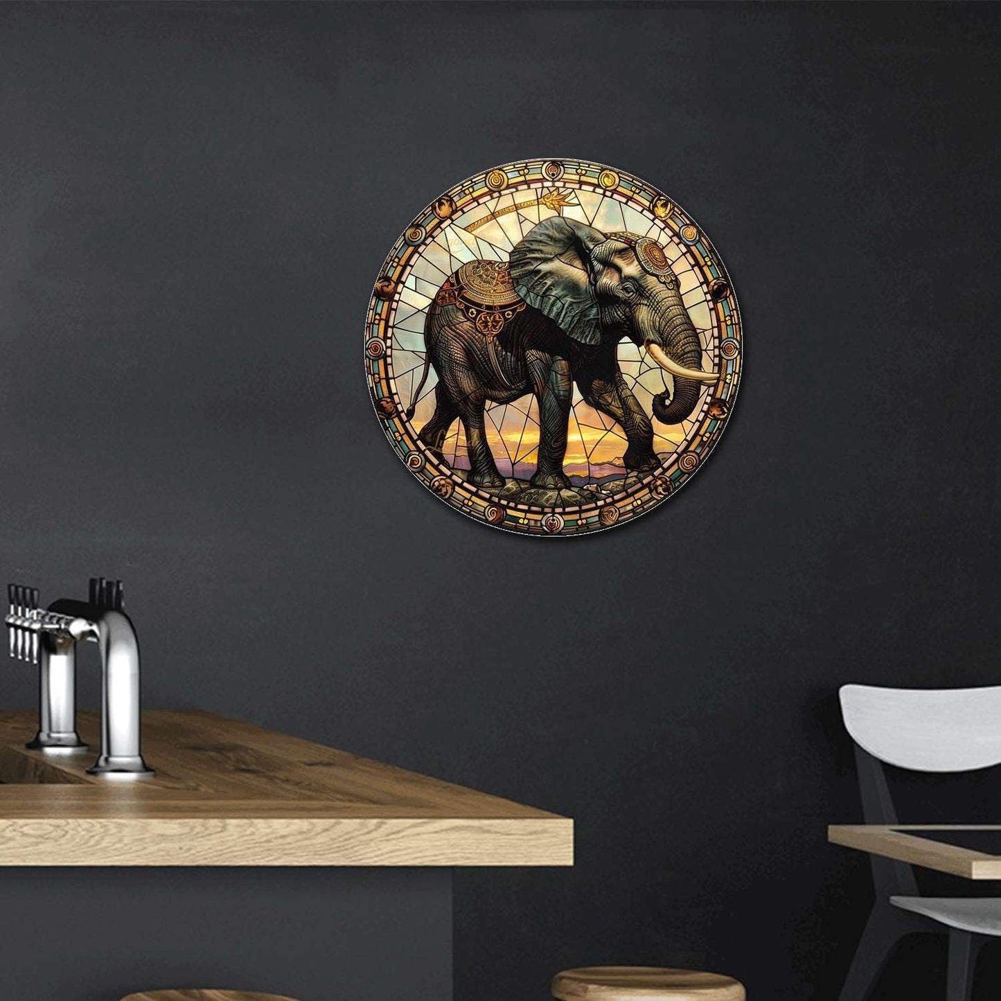 Lygond Metal Sign Tin Sign Circular Stained Glass Elephant Metal Sign for Club 12×12 Inches