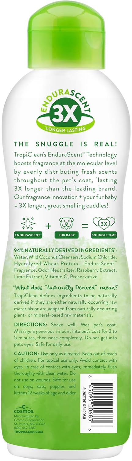 TropiClean Deodorizing Dog Shampoo, Powerful Odor Control, Long-Lasting Raspberry Lime Scent, Puppy Safe, Made in The USA, Cat Friendly, 20oz.