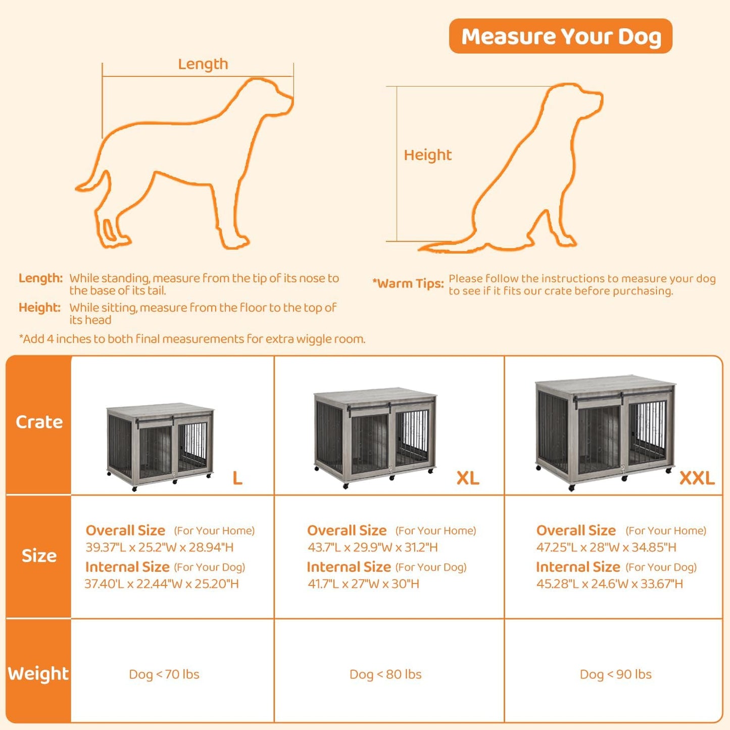 IchbinGo Large Dog Crate Furniture, 47" Wooden Dog Kennel with Sliding Barn Door, Flip-Top Lid & Wheels, Indoor Pet Crate Table with Detachable Divider for Small/Medium/Large Dogs (Rustic Grey)