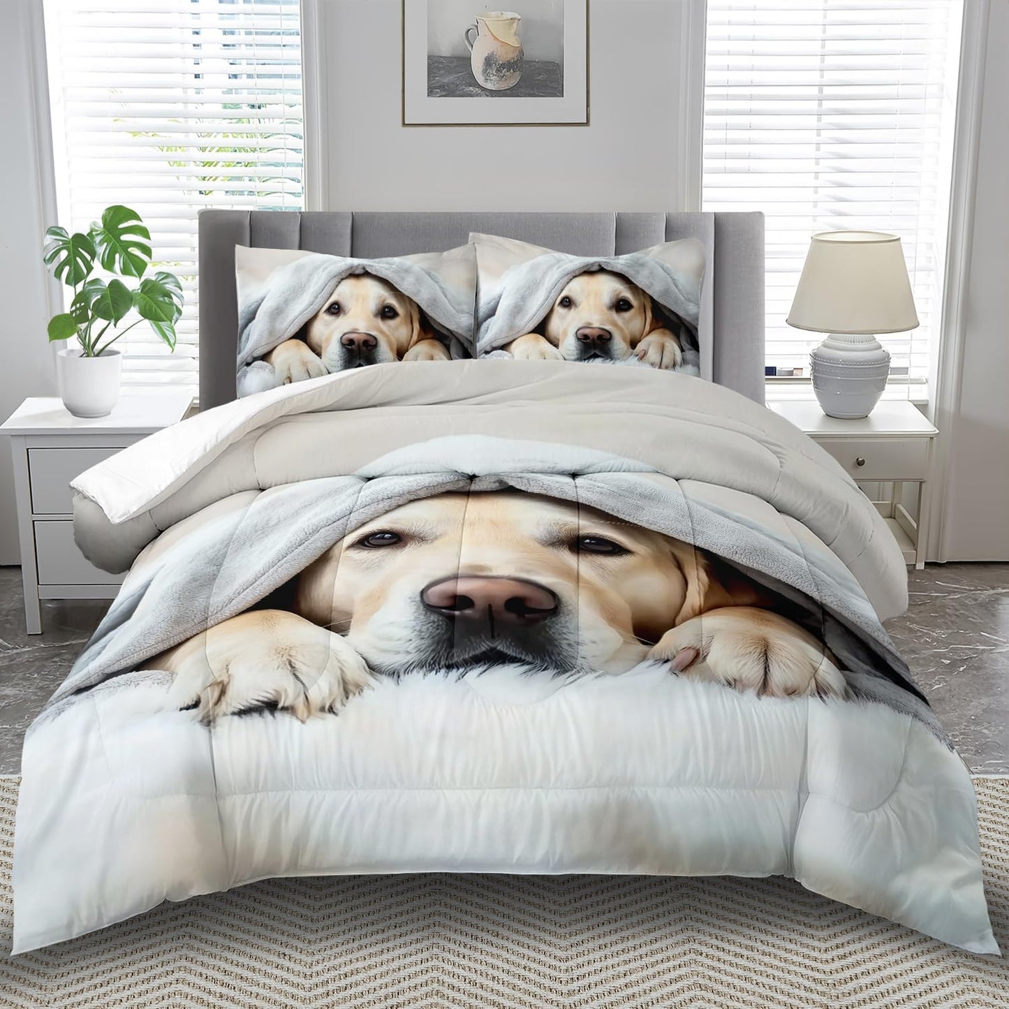 Grey Dog Comforter Set Full Size Boy,Kawaii Pet Dog Animal Print Bedding Set for Girl,Cute Pet Puppy Print Comforter Quilt for Boys,Kawaii Animal Puppy Dog Pals Bedding Bedroom Bed Decor