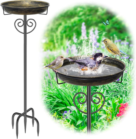 Metal Bird Bath for Outside, Freestanding Bird Bath Bird Feeder Bowl with 5-Pronged Base Stake Detachable Birdbaths Bowl for Outdoors Garden Patio Yard Lawn Decor (Vintage Gold)