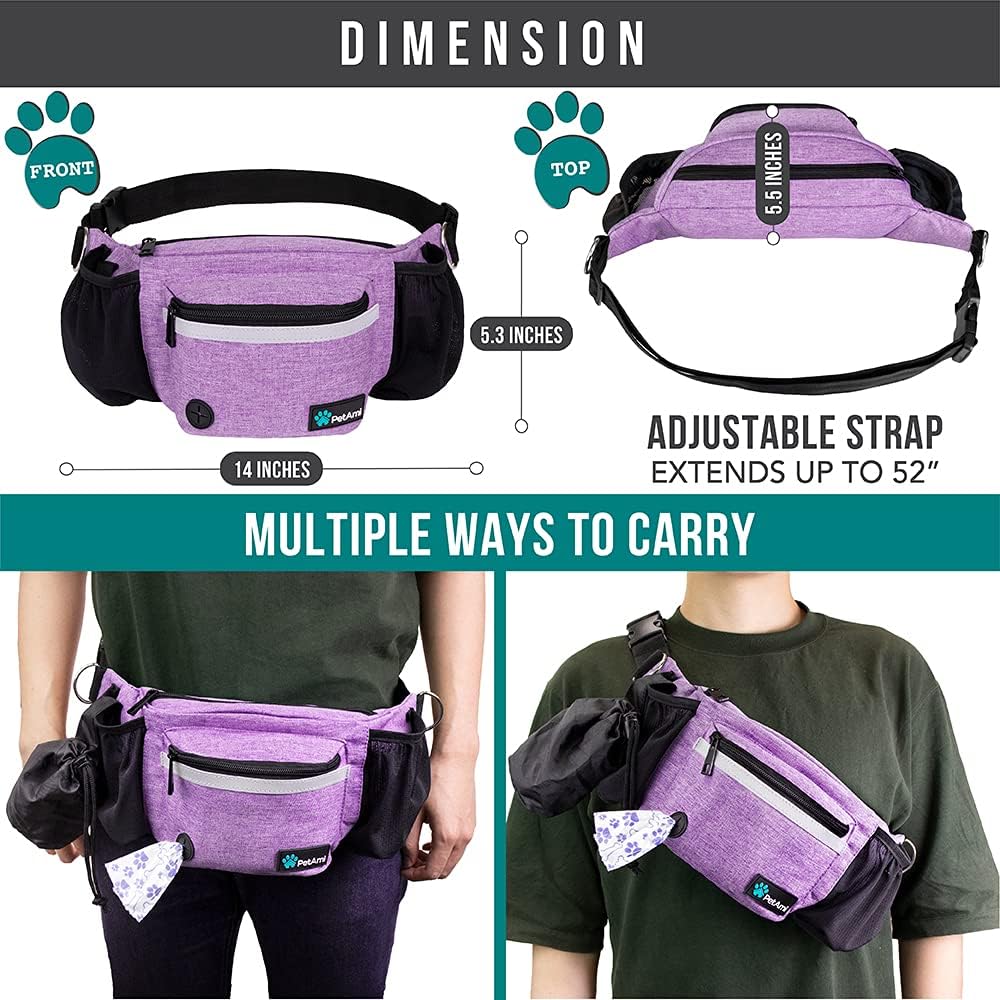 PetAmi Dog Fanny Pack, Treat Pouch for Dog Walking, Training, Built in Poop Bag Dispenser, Water Bottle Holder, Collapsible Bowl, Pet Treat Waist Belt for Hiking, Running, Kibbles (Purple)