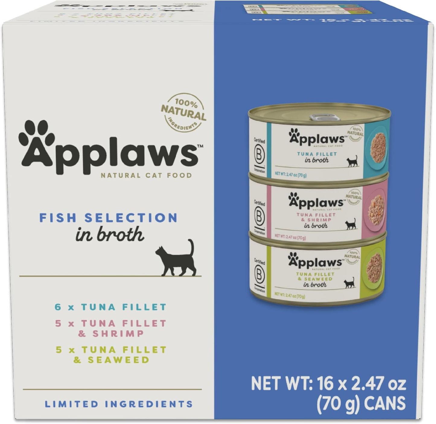 Applaws Natural Wet Canned Cat Food, Made with Limited and Natural Ingredients, Real Protein with No Artificial Additives, Fish Selection Variety Pack in Broth (16 x 2.47oz Cans)
