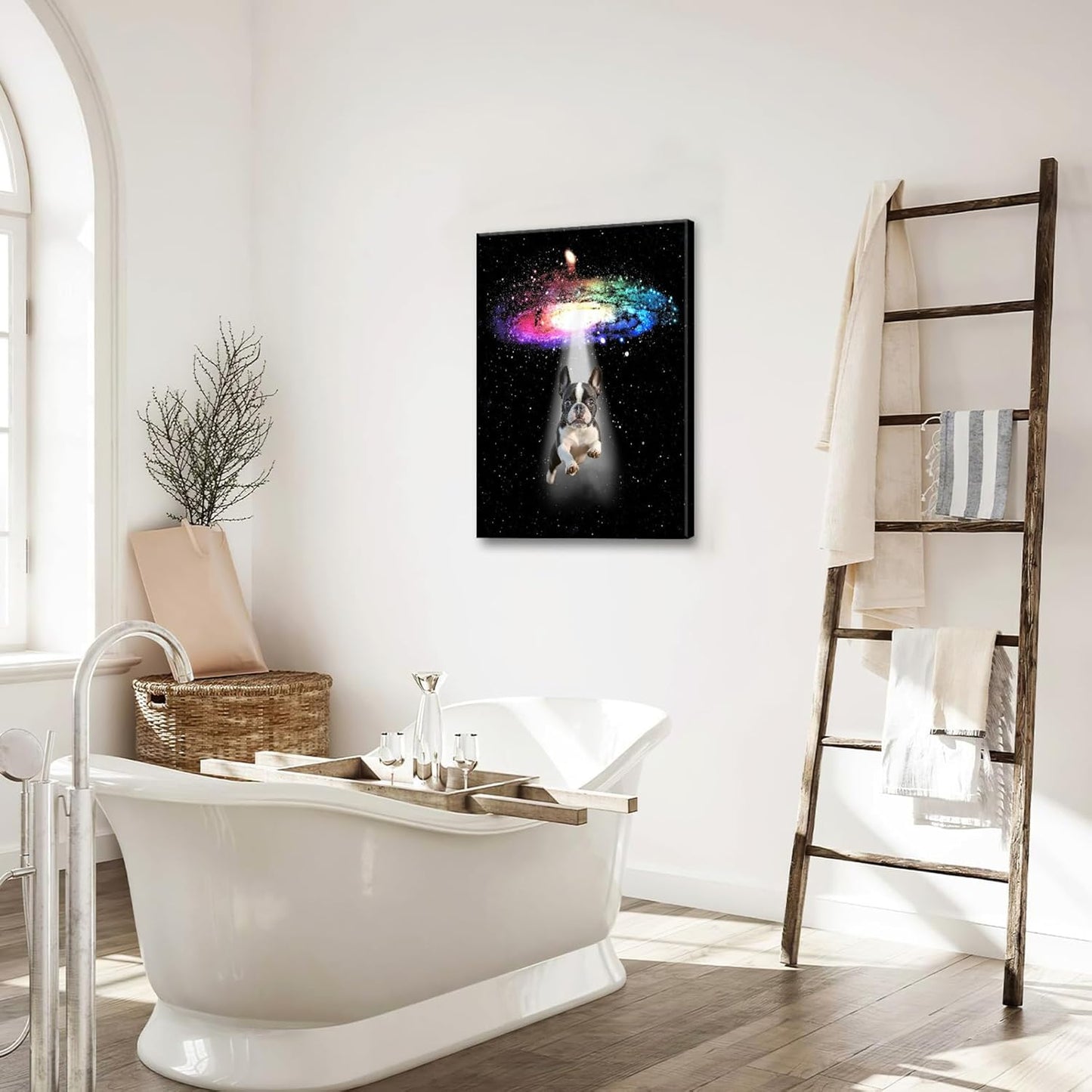 Funny Dog Wall Art Canvas Boston Terrier Wall Decor Prints Framed Painting Bulldog Galaxy Pictures Gifts Artwork for Bathroom 16"x24"