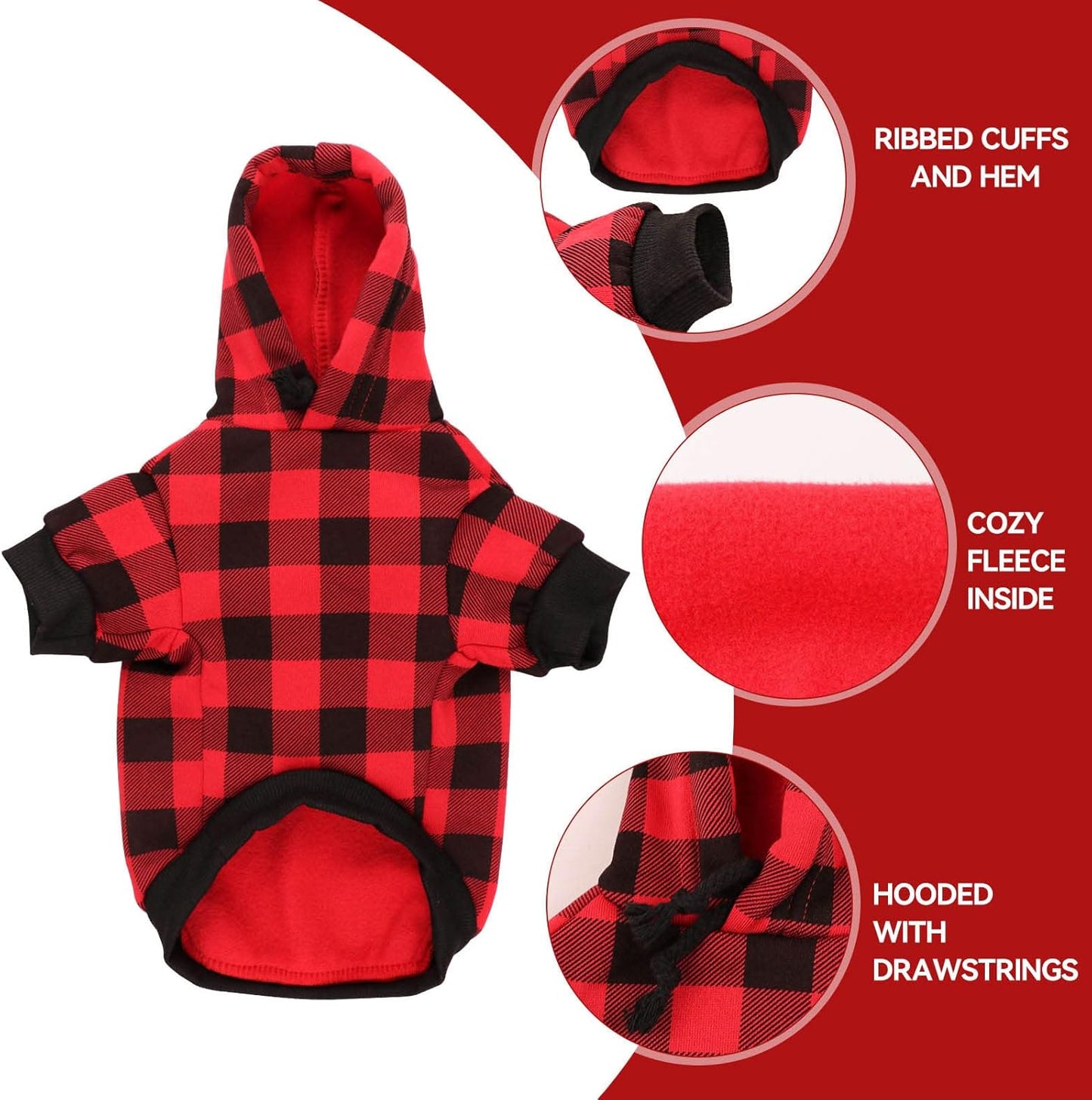 Dog Sweater Red Buffalo Plaid Pet Clothes Warm and Soft Breathable Cozy Small Pet Hoodies Dog Sweaters for Small Dogs with Pocket(XS)