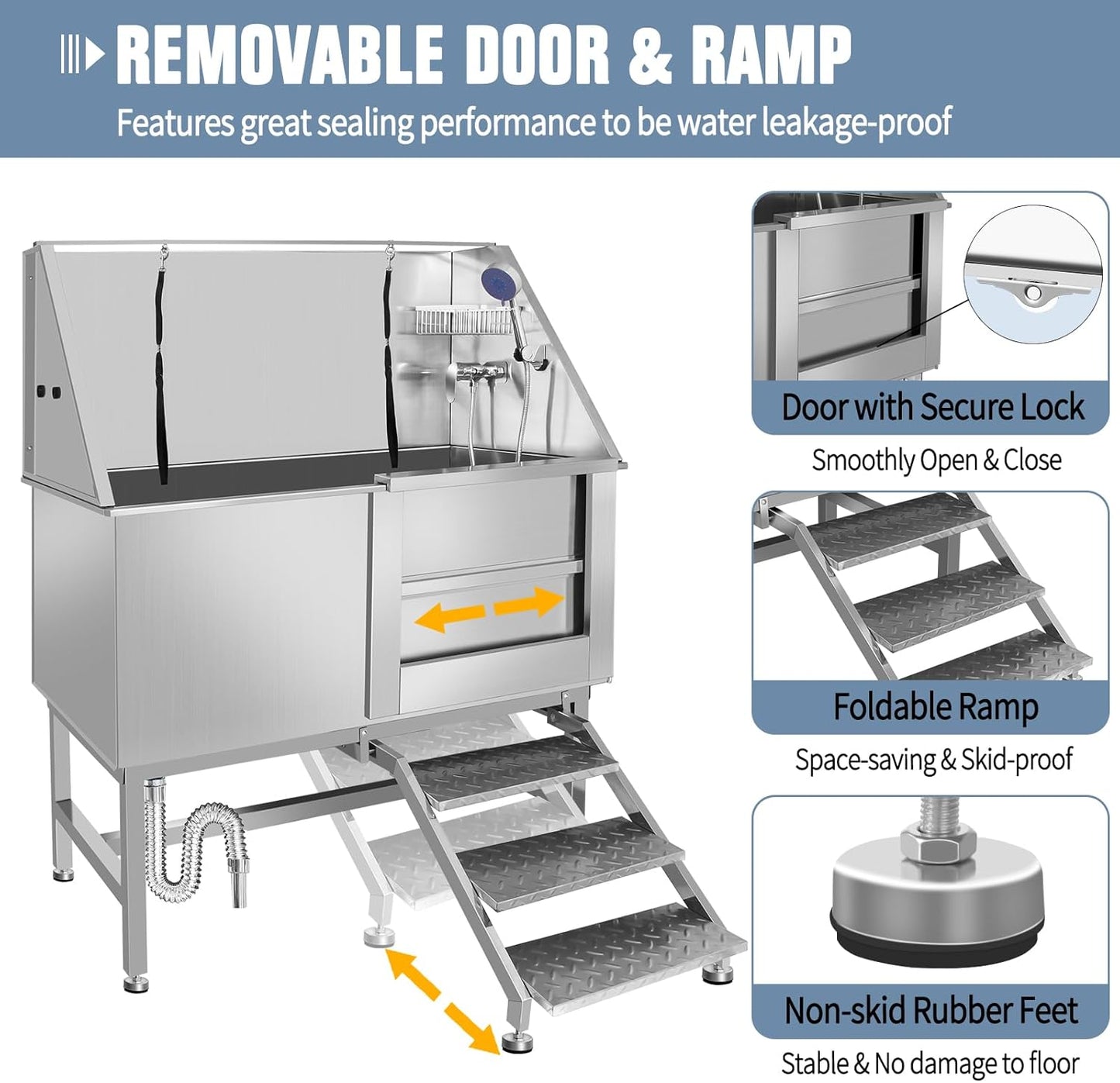 50" Pet Dog Bathing Station W/Stairs, Professional Stainless Steel Dog Grooming Tub W/Soap Box, Faucet,Rich Accessory, Dog Bathtub for Large,Medium,Small Pets, Washing Sink for Home (50" Right ramp)