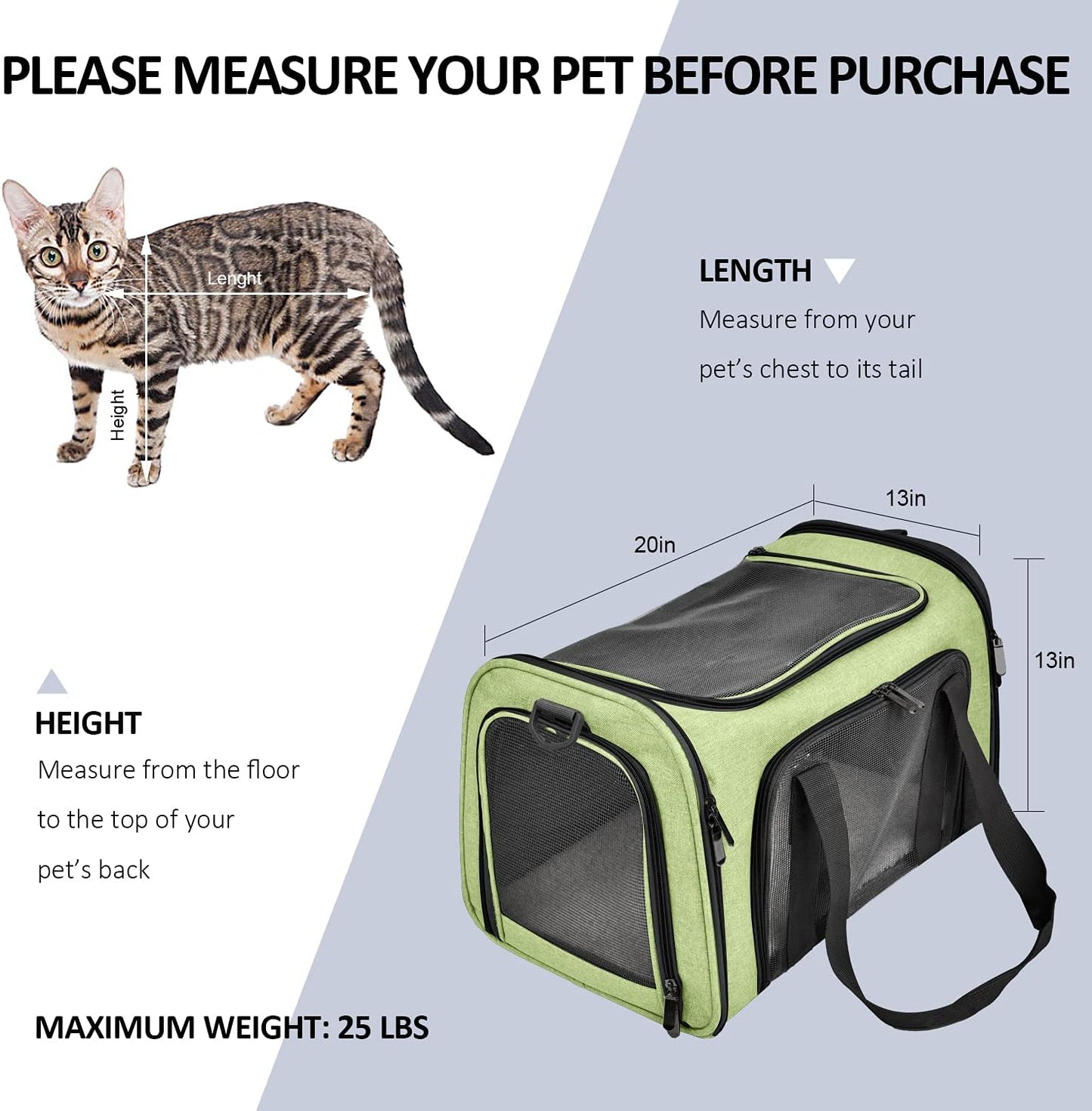 Large Cat Carriers Dog Carrier Pet Carrier for Large Cats Dogs Puppies up to 25Lbs, Big Dog Carrier Soft Sided, Collapsible Travel Puppy Carrier - Large - Green