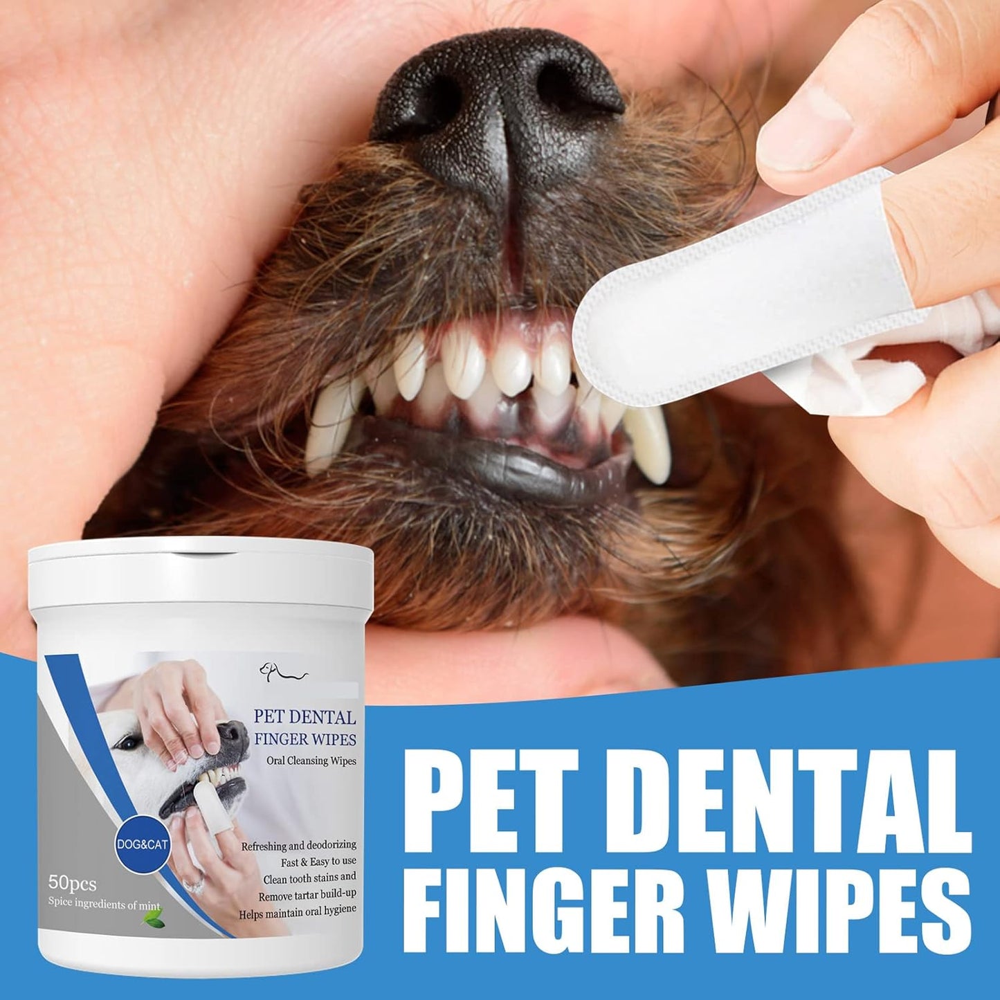 Pet Dental Finger Wipes, Oral Cleansing Teeth Care Finger Cots Wipes Pads for Dogs and Cats, Optimize Oral Health, Reduces Plaque, Freshen Breath - 50 Wipes