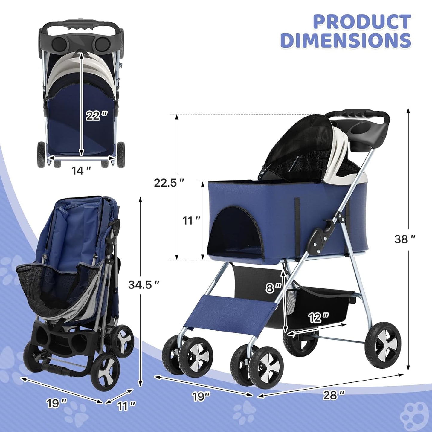 Magshion Foldable Pet Stroller, 3-in-1 Dog Travel Jogger with Detachable Carrier, Cup Holder, Storage Basket, Folding Carrier for Small/Medium Dogs & Cats Up to 33 lbs, Navy Blue