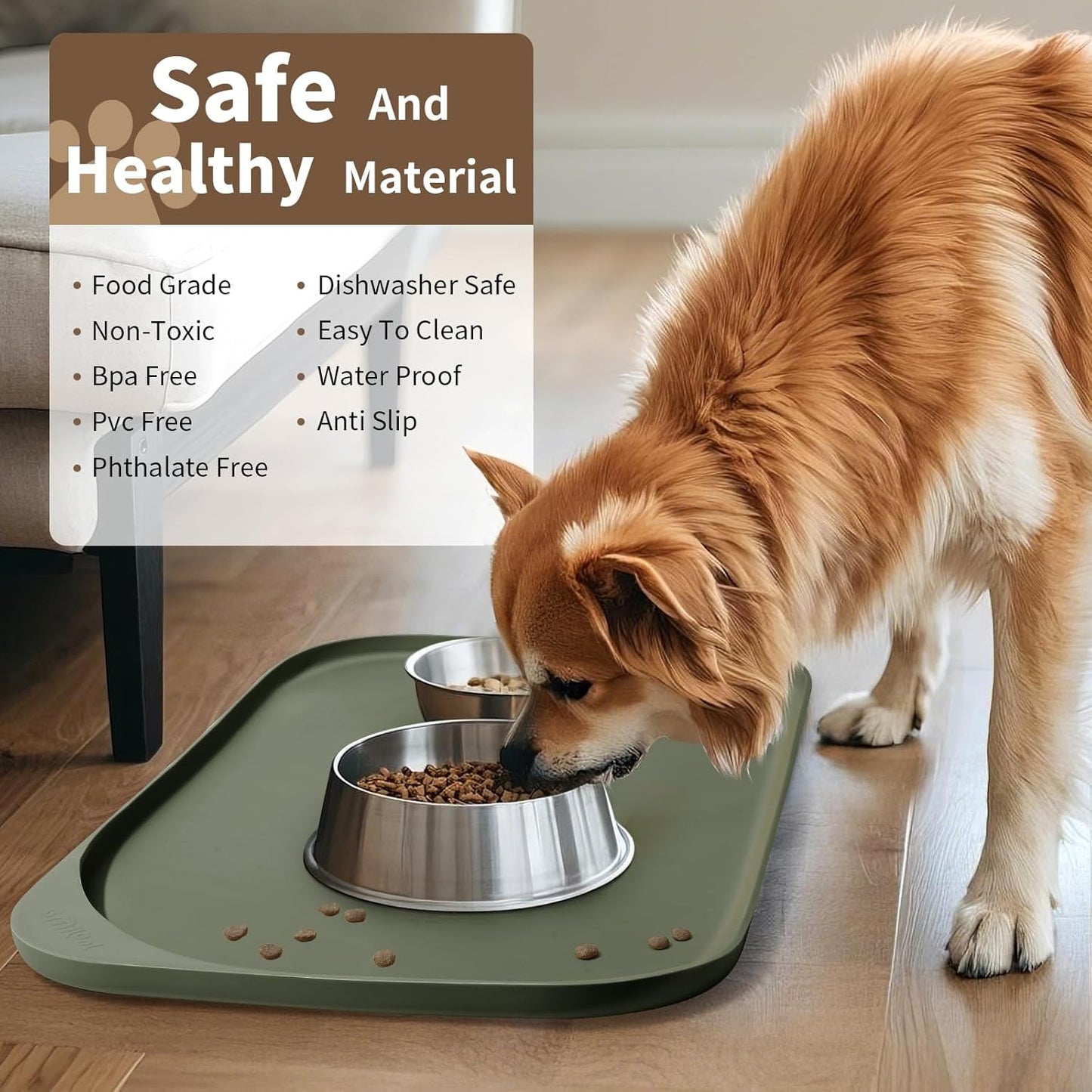 Silicone Pet Feeding Mat with Raised Edge & Residue Collection Pocket for Food and Water, Dog Bowl Mats, Cat Bowls Placemat with High Lip for Floor Waterproof, 24 x 16 x 0.8 Light Olive Green