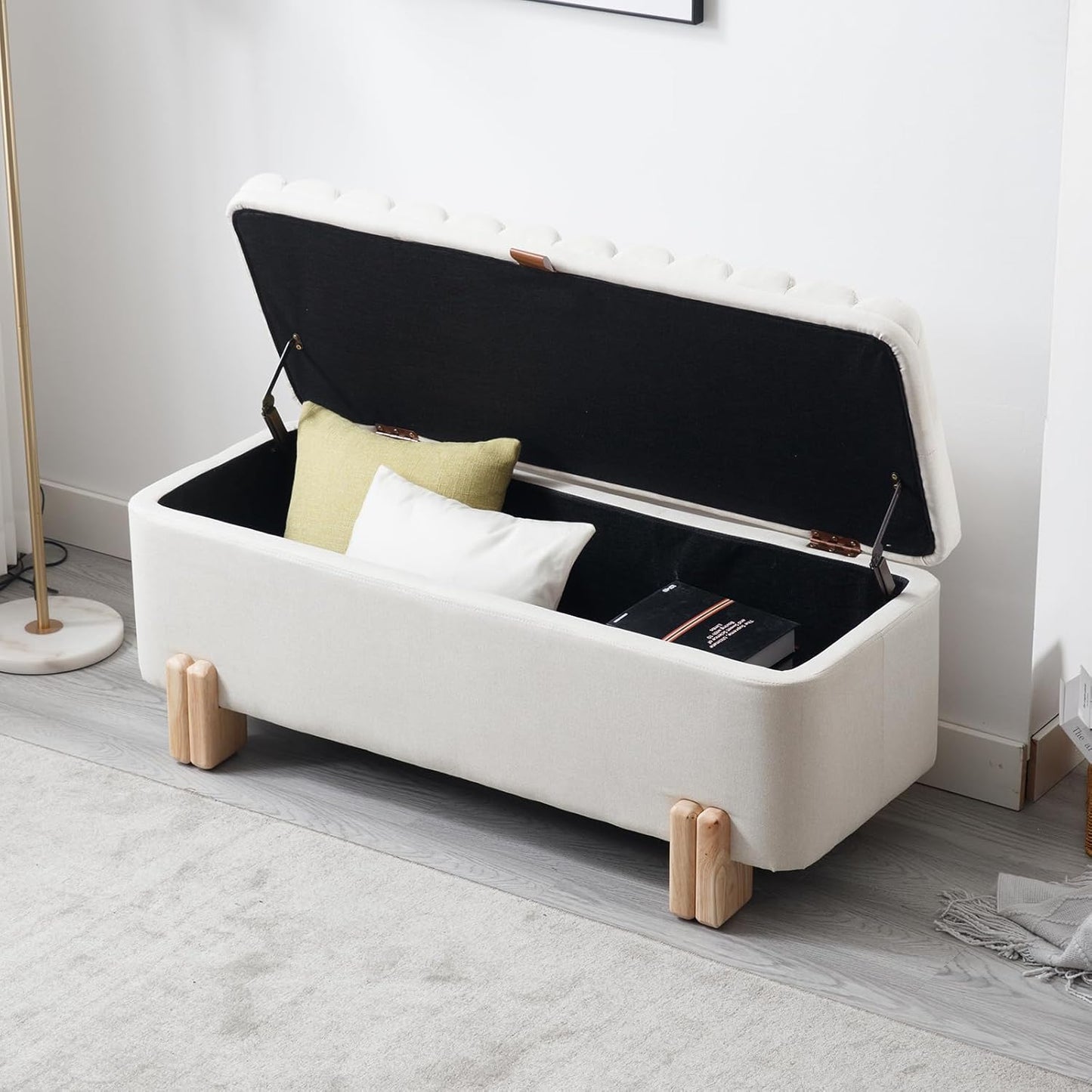 Kmax 45" Storage Bench Linen Entryway Bench Upholstered Ottoman Bench with Wavy Top & Safty Hinge for Bedroom Living Room Hallway, Beige